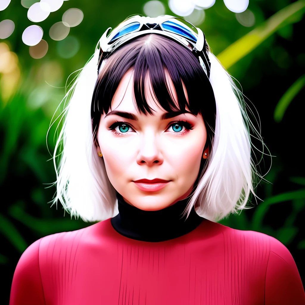 Bjork com os olhos castanhos rosto levemente arredondado cabelo curto vermelho escuro