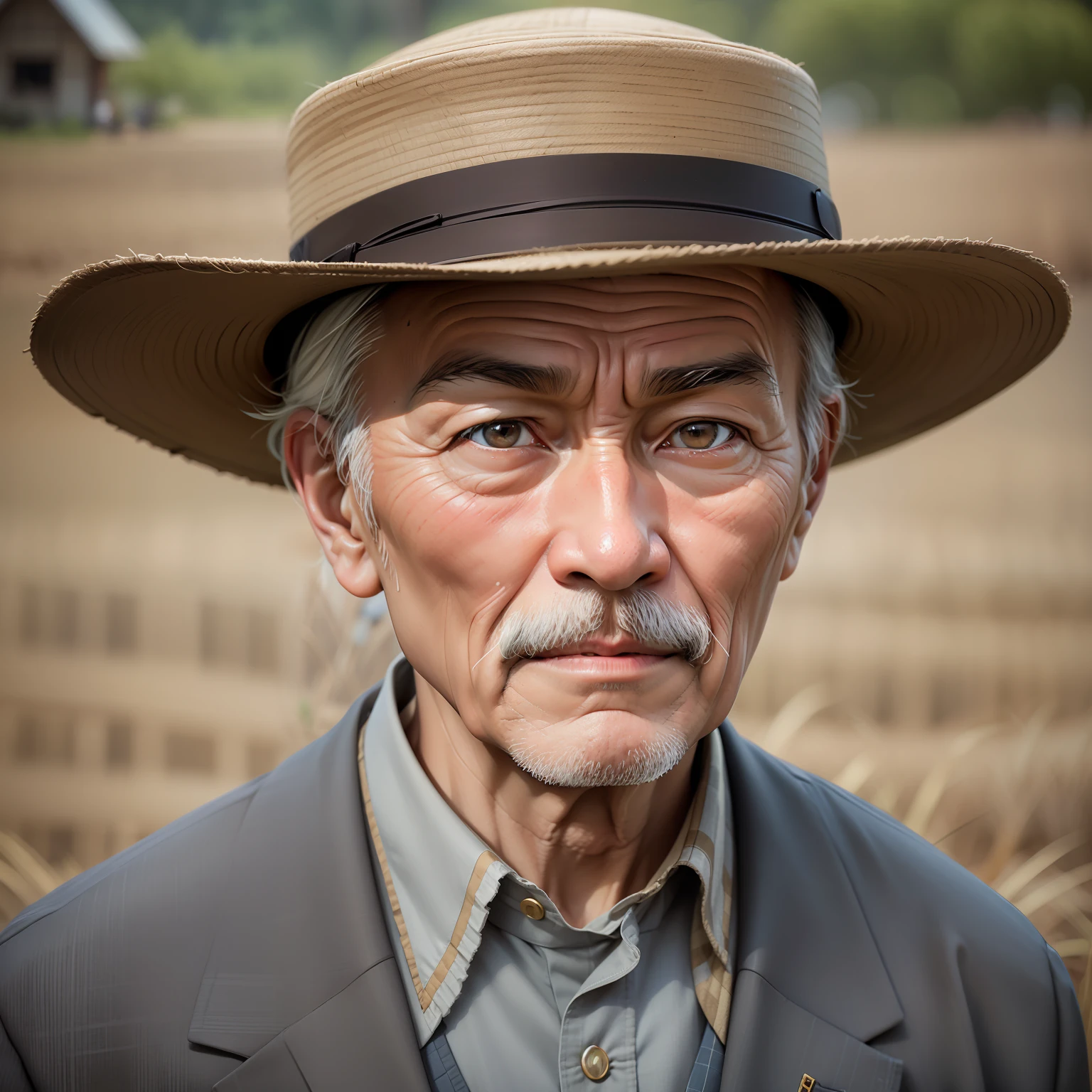 arafed man with a hat and a mustache wearing a suit, japanesse farmer, portrait photo of an old man, 60mm portrait, 50mm portrait, old man portrait, asian man, sharp looking portrait, centered portrait, 7 0 mm portrait, asian human, farmer, 50 mm lens photo portrait, stunning portrait, color photograph portrait 4k