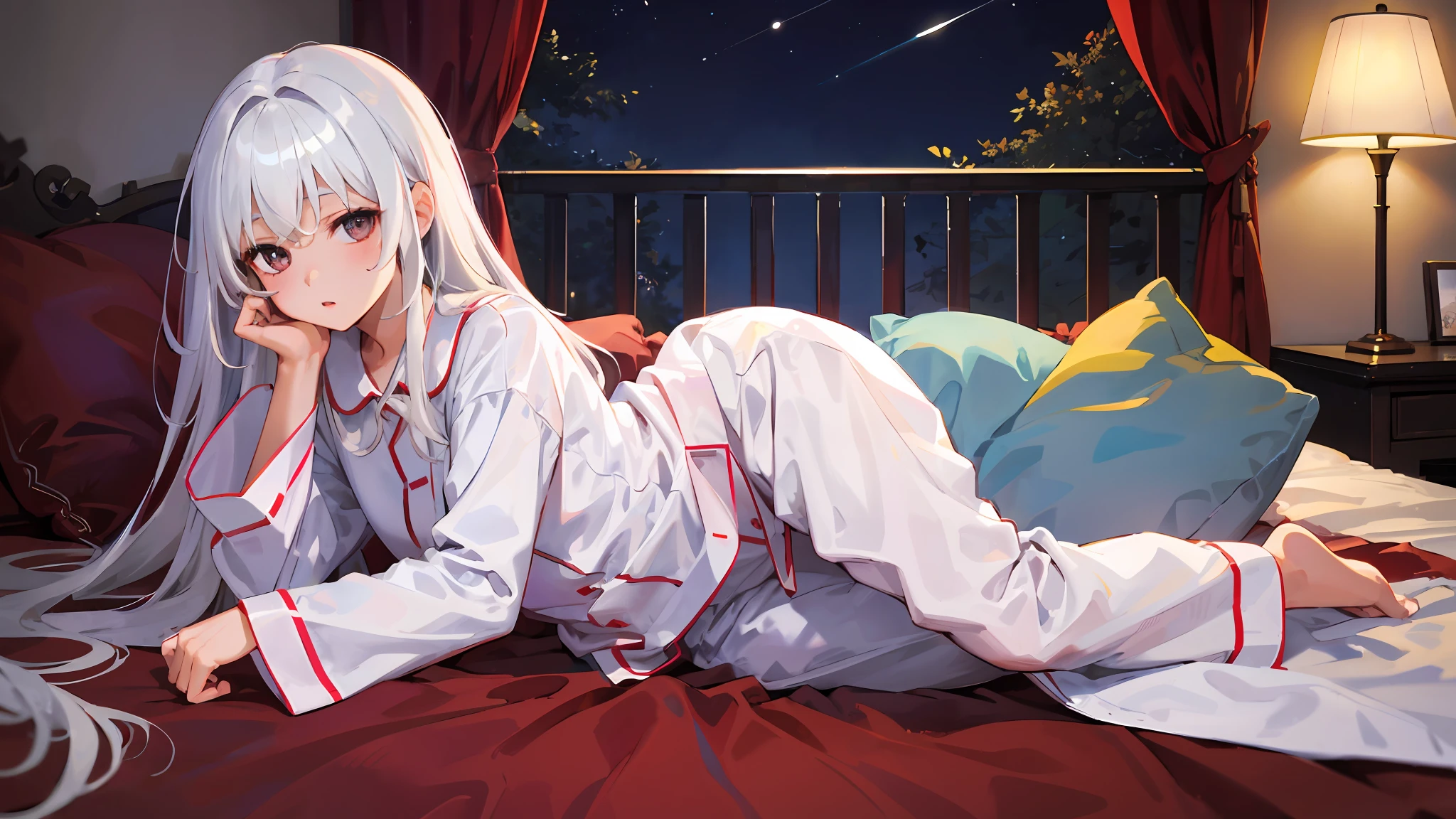 4k、Realstic、Charismatic、Extremely-Detailed、There is a girl in pajamas on the bed、She is sleepy、White theme、White hair、25age、full full body、((night))、