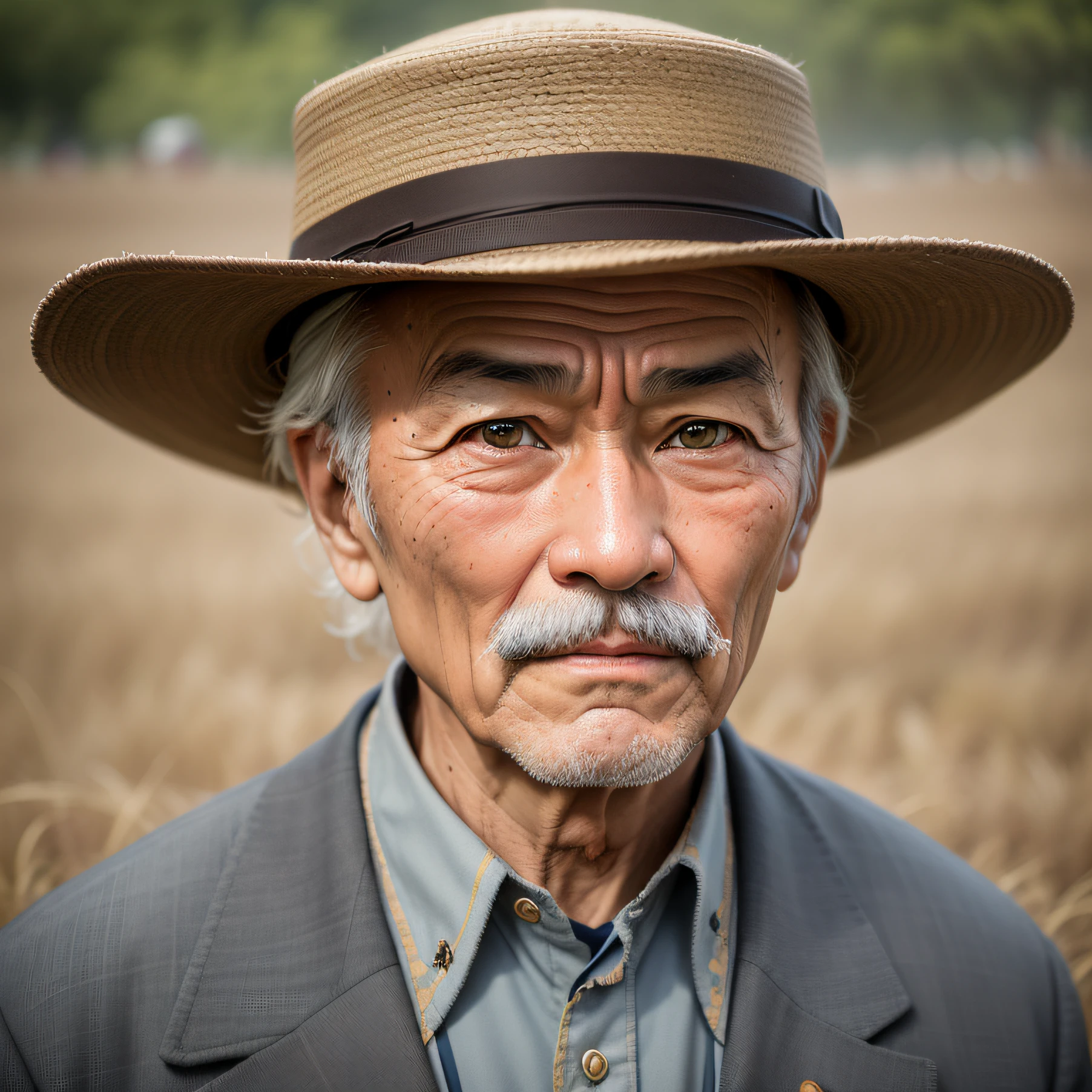 arafed man with a hat and a mustache wearing a suit, japanesse farmer, portrait photo of an old man, 60mm portrait, 50mm portrait, old man portrait, asian man, sharp looking portrait, centered portrait, 7 0 mm portrait, asian human, farmer, 50 mm lens photo portrait, stunning portrait, color photograph portrait 4k