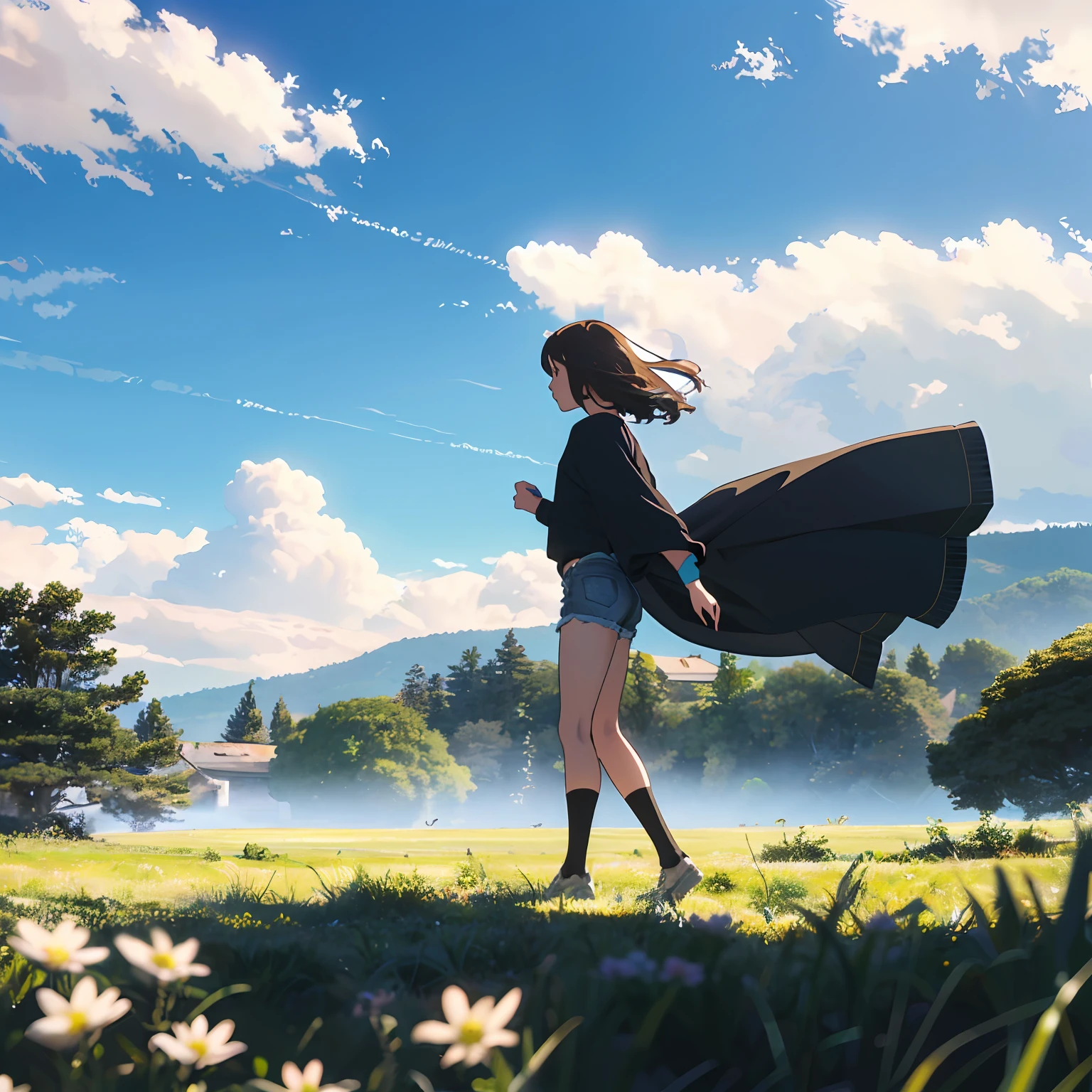 (beautiful and magnificent skyline、Majestic sky)、(extremely tense and dramatic pictures、Moving visual effects)、(high hanging Polaris、Colorful natural light)、(1girls)、(Long sleeve top、Denim shorts、White short socks)、(dinamic pose:1.3、black eyes、Black princess cut hair、Shining girl)[:0.8]、(large grassland)、(Approaching breeze)、(Adjustment effect of brown hair and background:1.2)、(Close Shot、Long shot mix and match)[::0.9] --auto