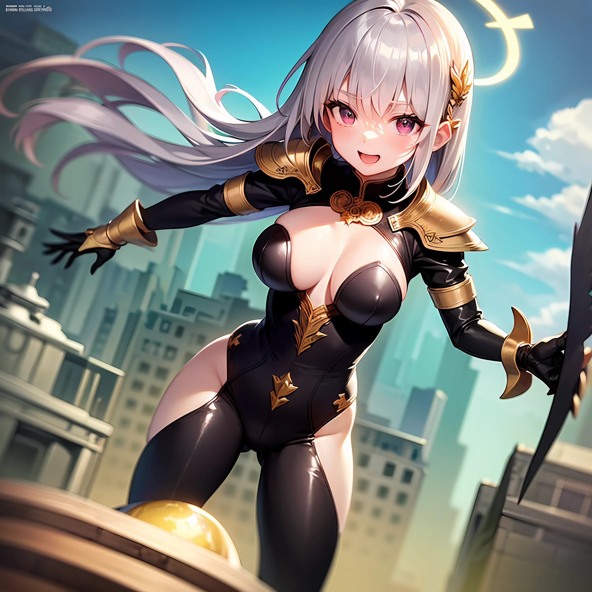 fantasy, 1angel_girl, loli,bck_color_hair, medium_bob_hair, long_bangs, halo,bare_shoulder,thighhighs,(shiny_silver_armor:1.1), waist_armor, large_breasts,smile,open_mouth,1pair_wings, dynamic_ pose_fighting,floating, bare_crotch, covered_nipples, covered_pussy,headgear,gauntlet, greaves, pelvic_curtain, city_sky_background,slightly_spread_legs, solo, groin_naked,(masterpiece, best quality, best quality, official art, beautiful and aesthetic:1.2), (1 girl), very detailed,