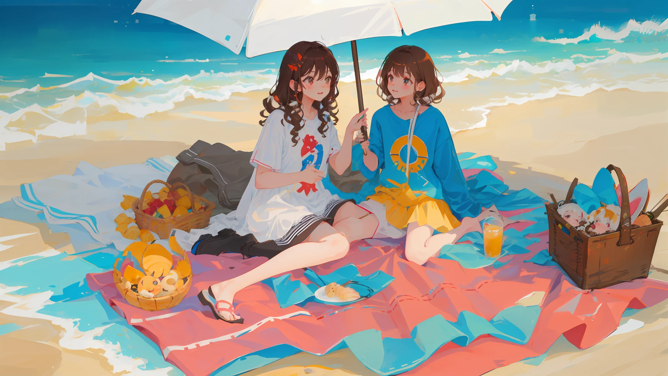 Three cute s,A long curly brown hair,Two are short brown hair,Wear casual clothes,Have a picnic on the beach, o cachorrinho,There are different kinds of shells on the ground