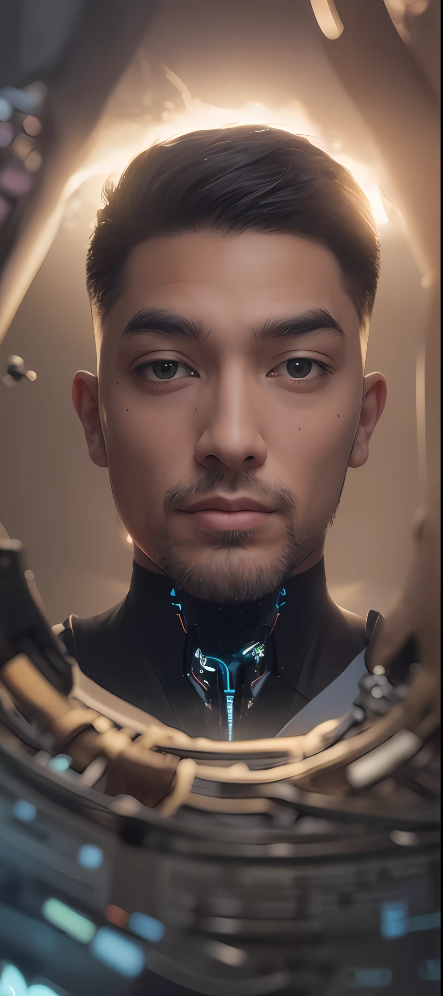 "Imagine a hybrid being, Result of the fusion between human and advanced technology. This being has a highly detailed cybernetic body, with futuristic and aesthetic elements. Its appearance is a perfect combination between human characteristics and technological elements, conveying a sense of power, Innovation and evolution. Integration with artificial intelligence gives this being extraordinary capabilities, como processamento de dados em alta velocidade, Instant access to expanded information and skills. His presence is imposing and captivating, representing the potential of the fusion between humans and technology to reach a new level of existence."