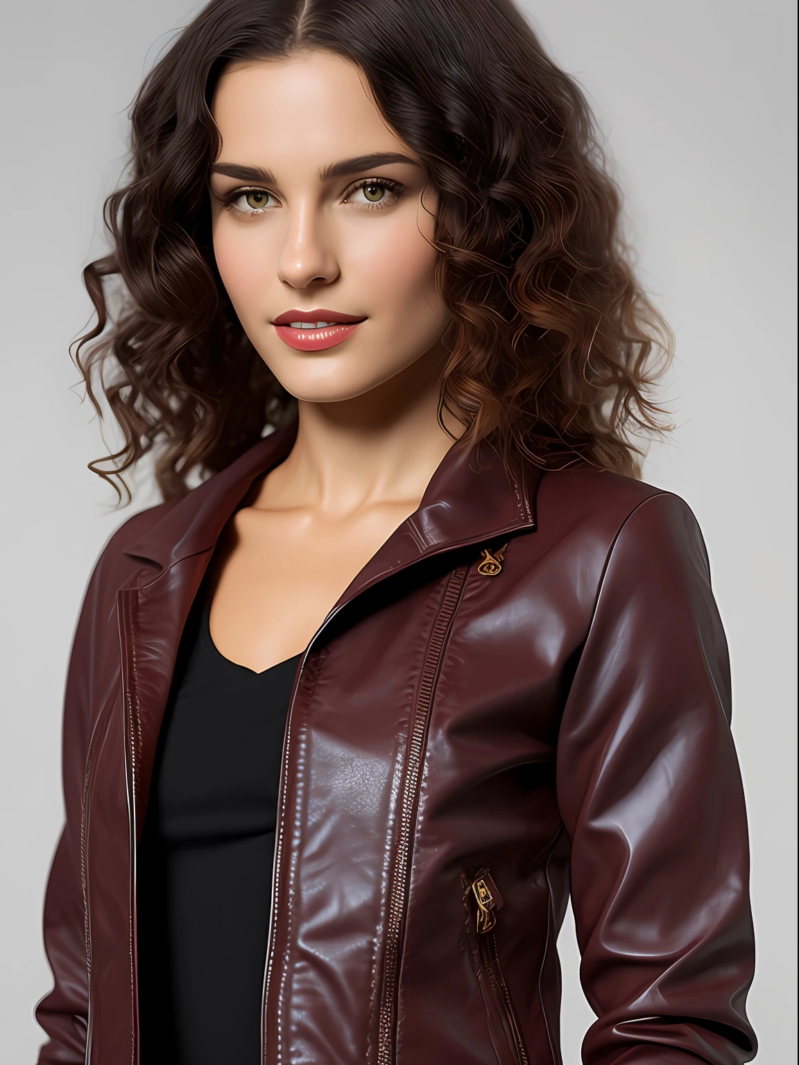 beautiful woman in her 20s, wearing a dark red, hazelnut leather jacket, medium-long curly hair, a beautiful, clean face,detailed symmetric circular iris, displayed in 4k format, intricate magical artwork, on trending cgsociety , complex, epic, by Ilya Repin, brilliant and highly detailed staged representation of the character, super high quality model, beautiful face, no frame, legs, blue boots