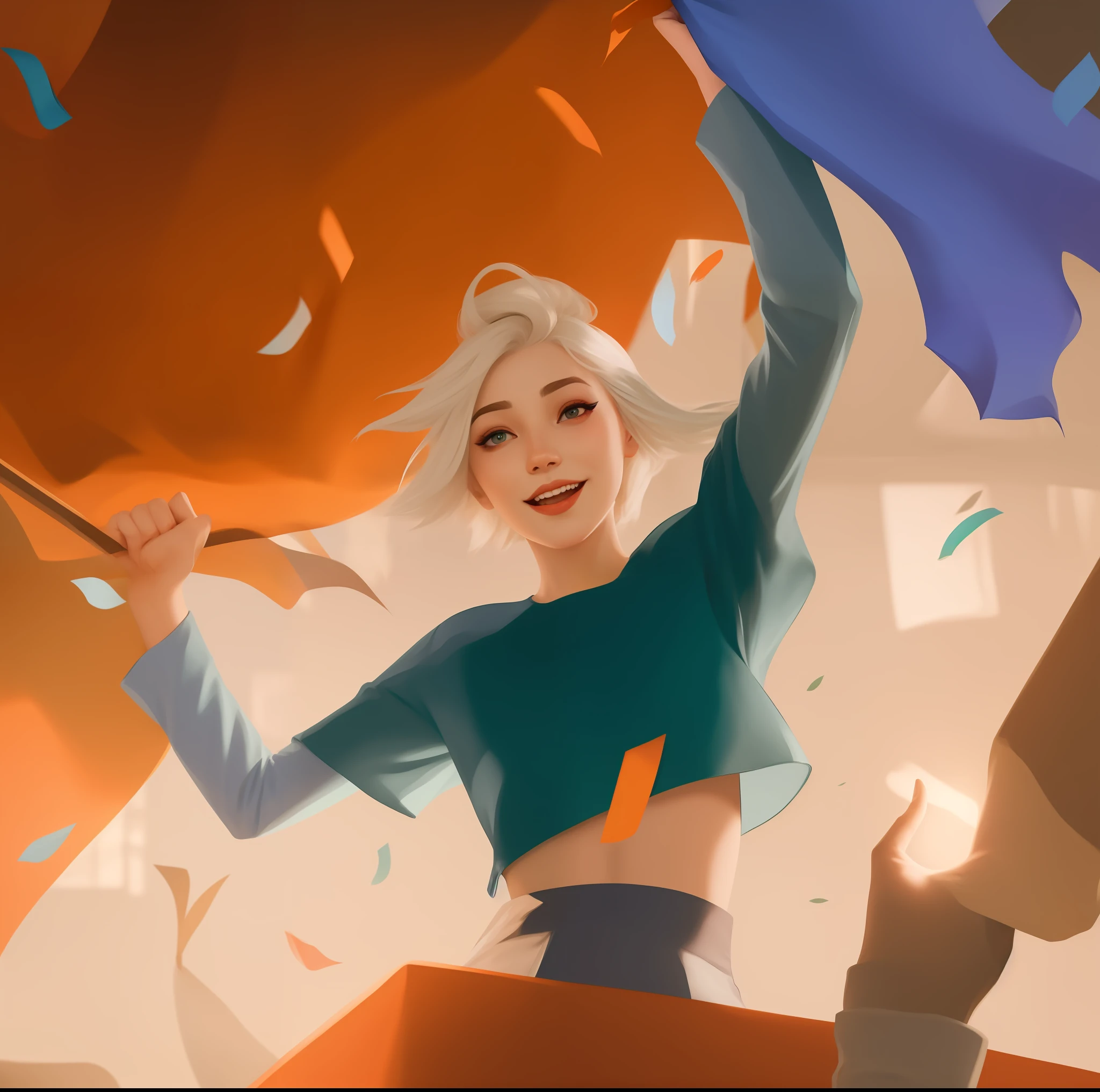 there is a woman holding a flag in her hand, Artgerm e Atey Ghailan, inspirado em Lois van Baarle, sage ( valorant ), Dividido, Lois van Baarle e Rossdraw, rossdraws global illumination, uma pintura digital expressiva, expressando alegria. Directed by: Krenz Cushart, Rhats e Lois van Baarle