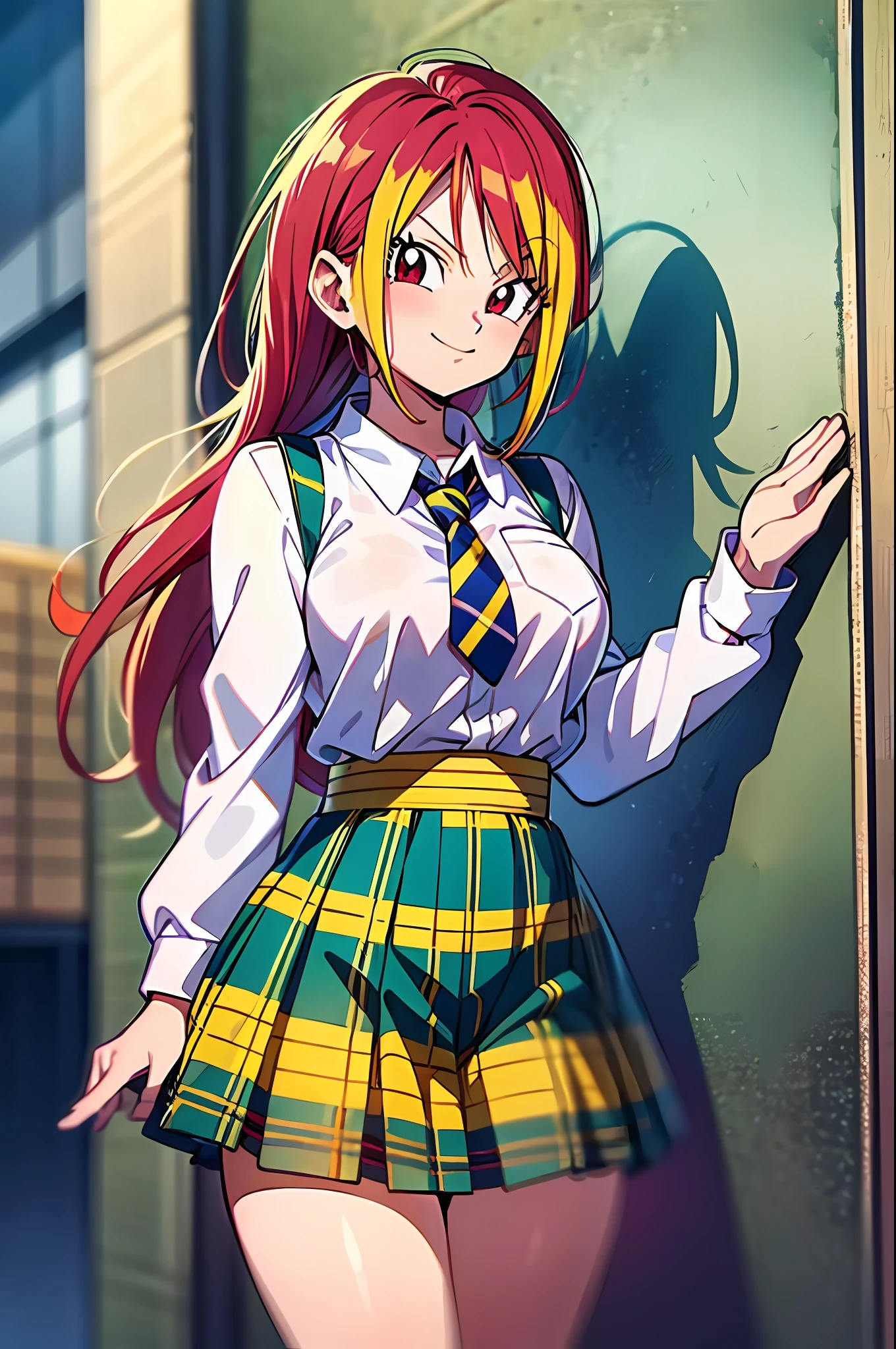 light smile, schoolgirl attire, white blouse with yellow jacket, green striped tie, red plaid skirt, red eyes and red hair in a twin ponytail, (style of dragon ball z and fairy tail anime), (illustrated by Akira Toriyama and Hiro Mashima), (style mixing), Lucy Heartfilia, Android18