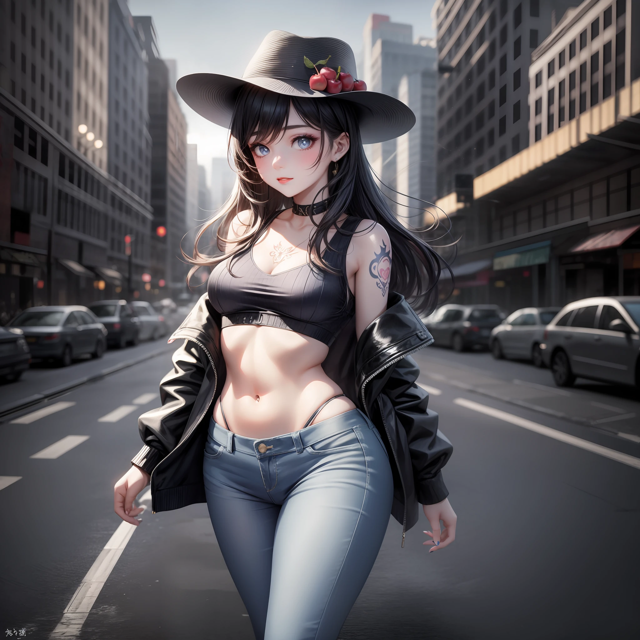 Bustling metropolis,A beautiful girl high school student,With a hat on,The Masterpiece,Light makeup,Flaming red lips,very long flowing hair,Pick dyeing。super fine details,masterece-piece,Authentic texture,Cinematic lighting realism,perfect works,8K,high-definition,Delicate facial features。Powder blue close-fitting T-shirt,skinny jeans,Pear-shaped body。Rounded buttocks,Slender little man's waist,Sexy,Vest line,fcollarbone,large bright eyes,Smooth skin,eardrop,tattooed,Short cute beautiful legs。A beautiful and delicate cherry small mouth。Perfect waist-hip ratio。Peerless looks,Beauty in the world,The country is beautiful。