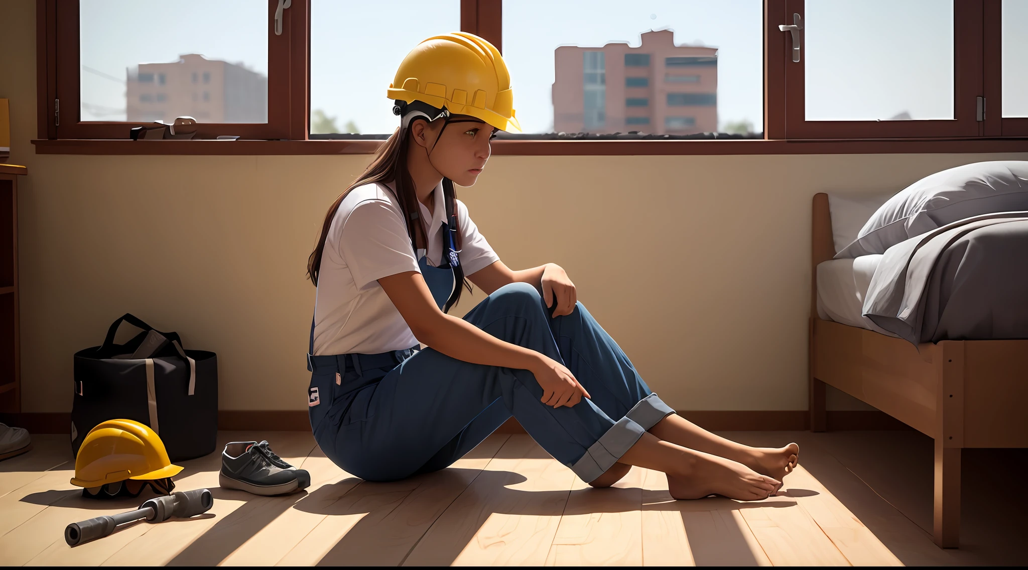 A young female construction worker，Labor protection service，helmet，Single leg raised，Rub your feet，Shoes，Barefoot，Foot details，long trousers，early evening，dorm room，In front of the window，Sore expression --auto