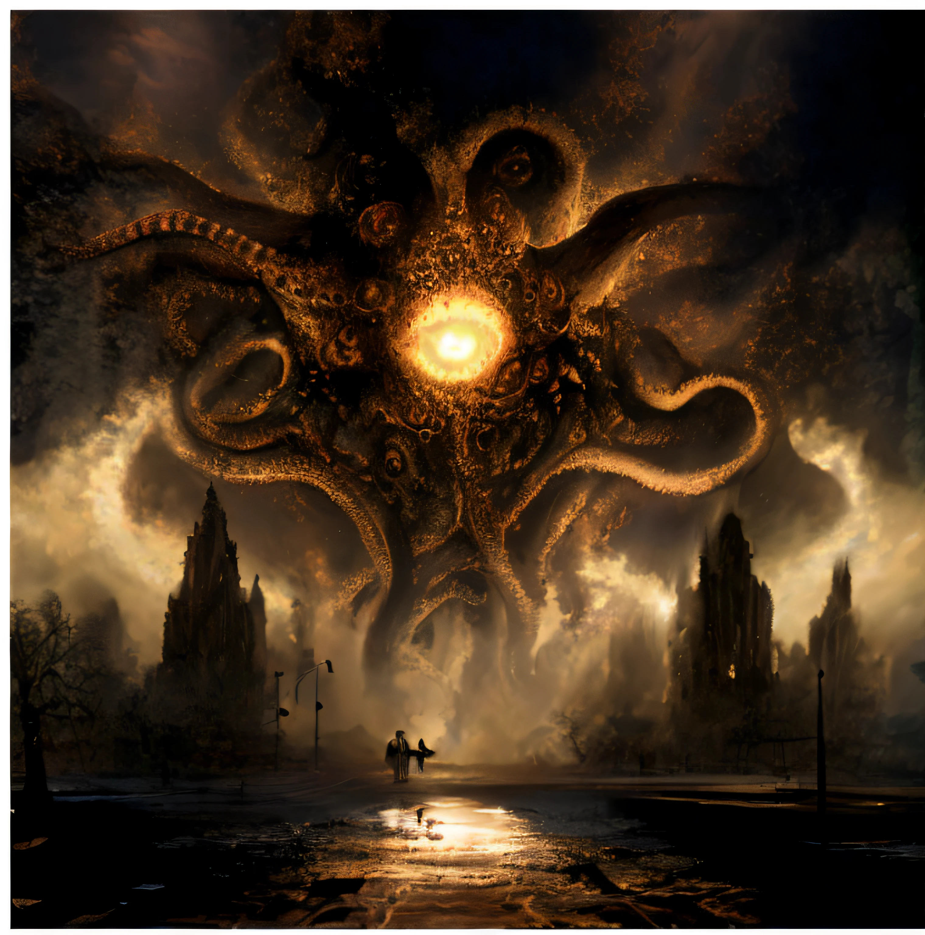 there is a giant octopus that is in the middle of a city, lovecraftian inspiration, Azathoth, Paisagem infernal lovecraftiana, Cosmic fear, paisagem lovecraftianaa, atmosfera sombria, Yog - Sothoth!, Stormy sky, buraco negro, estrelas decadentes, pesadelo, apocalypse, noite final.