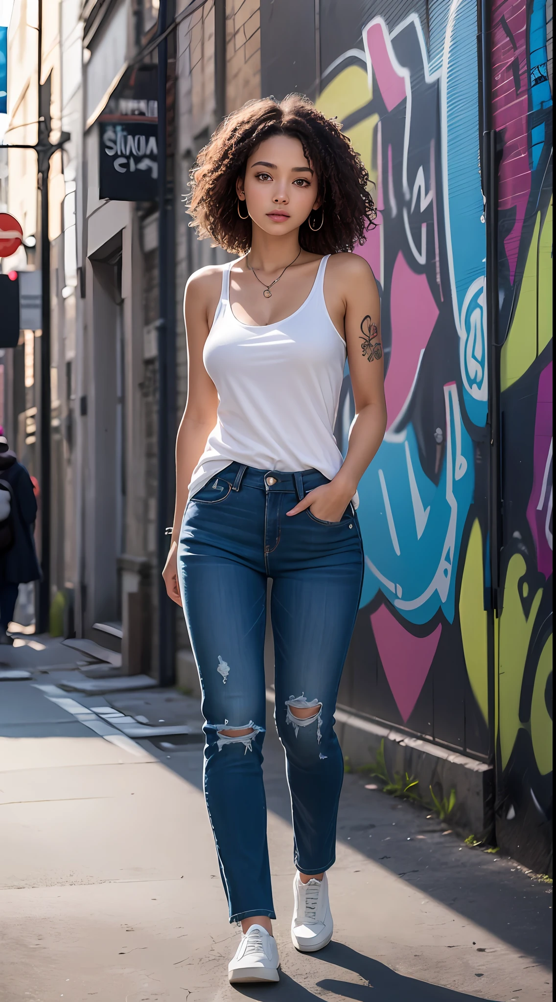 street girl, modern style dress, blue top dress without bra underneath, jeans with rip, with curly brown hair, mulatto skin, a tribal tattoo on the arm, black eyes, ((full body)), ((perfect face)),((perfect iris eyes)), walking in the city by day, on street with some cars and walls with graffiti art, Social realism, Realism, ray tracing, reflection light, high quality, high details, super detail, 8k, 16k, best quality --auto