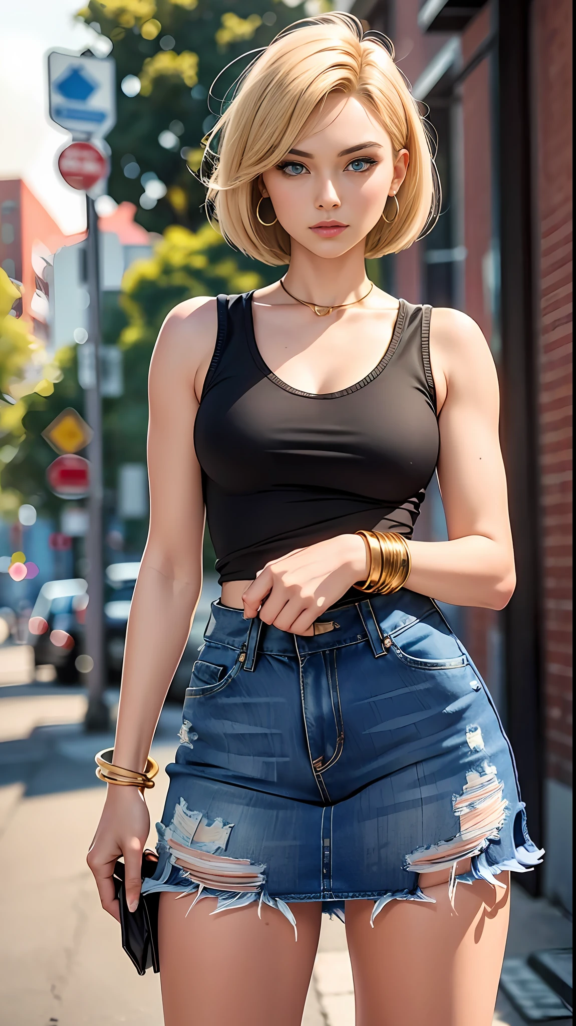 street girl, modern style dress, blue top dress without bra underneath, jeans with rip, with curly brown hair, mulatto skin, a tribal tattoo on the arm, black eyes, ((full body)), ((perfect face)),((perfect iris eyes)), walking in the city by day, on street with some cars and walls with graffiti art, Social realism, Realism, ray tracing, reflection light, high quality, high details, super detail, 8k, 16k, best quality --auto