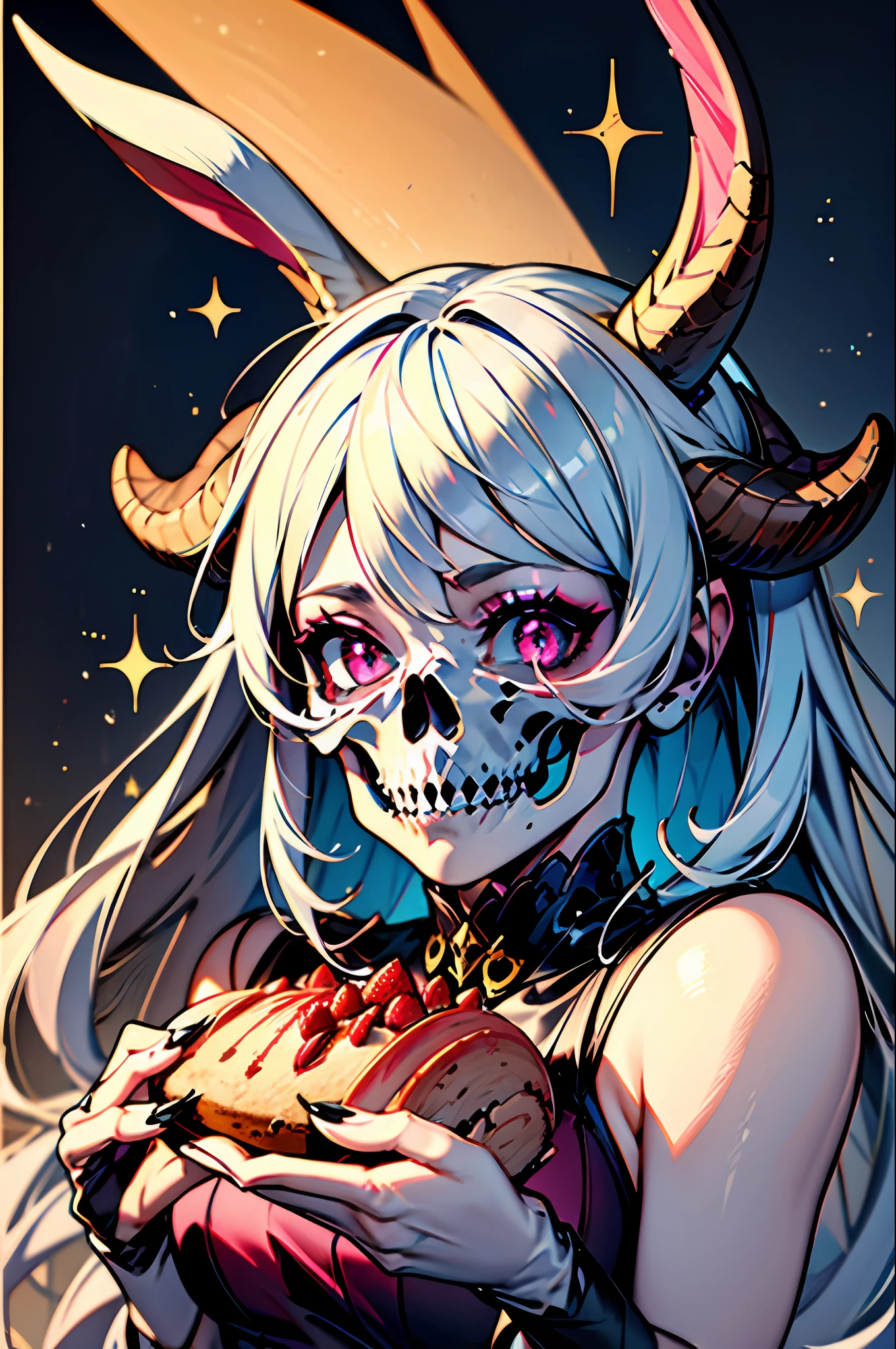 official art, unity 8k wallpaper, ultra detailed, beautiful and aesthetic, High quality, beautiful, masterpiece, best quality, (zentangle, mandala, tangle, entangle:0.6),, a cute girl serving cake to demons, pink, bright pastel colors, kawaii, (horror), eerie, rabbit skull, goat skull, in hell, creepy, demons, claws, best lighting, water splash, wind swept, glitter,ultra sharp,