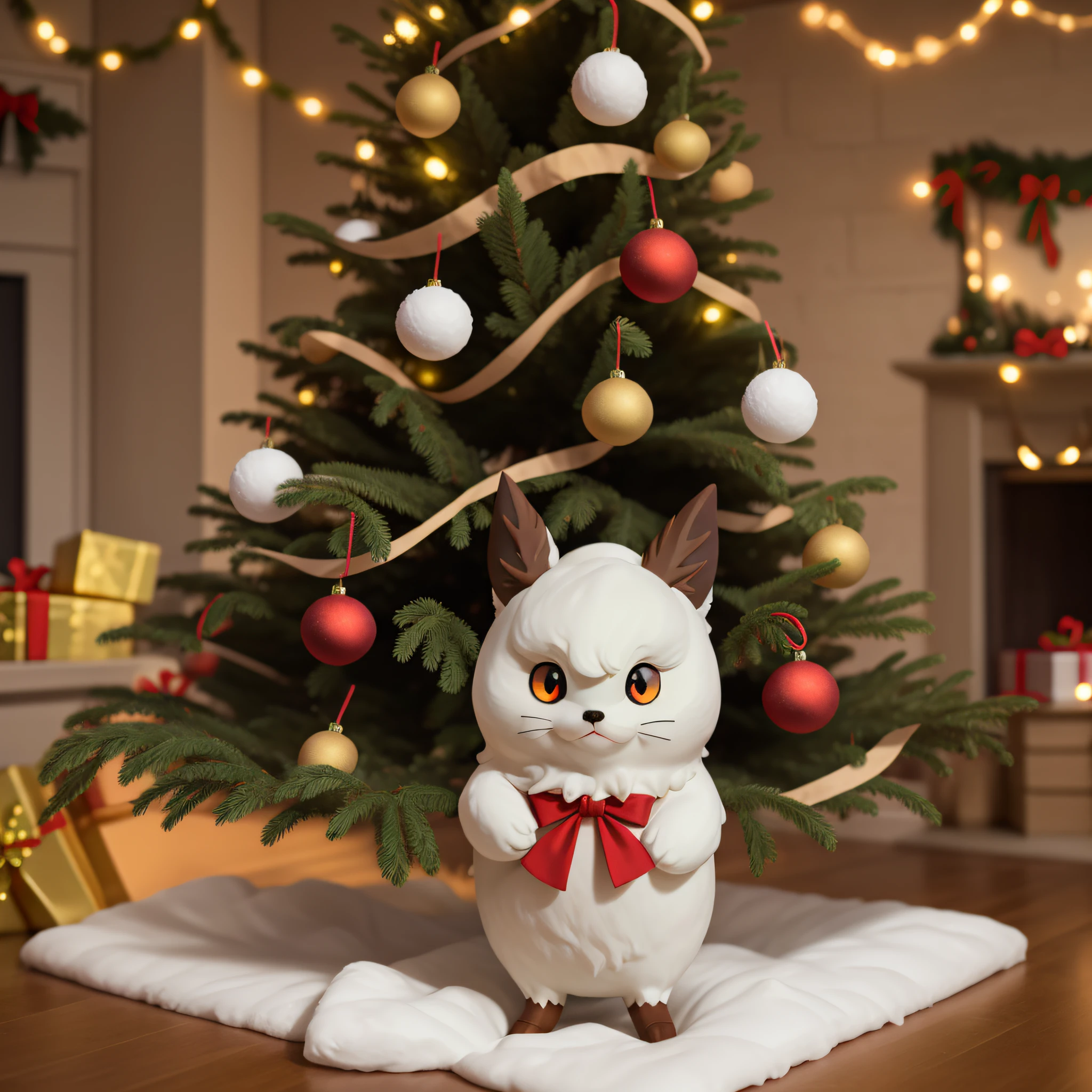 Fluffy cute ball that is a christmas ordement, glowing silver eyes, gold fluff, wreathed in christmas tree lights, glowing and somewhat transparent, masterpiece, best quality, ((In Studio Ghibli style))