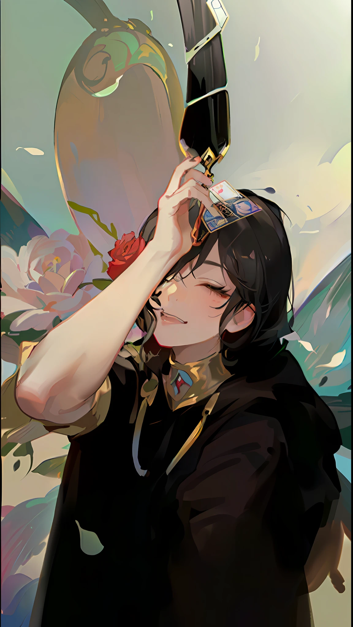 (the golden ratio:1.2),(Rose graffiti:1.2),(Fault color:1.3),(full full body:1.2),(ultra fine:1.3),(tarot cards: 1.6),(magestic(tarot cards):1.6),(paper:1.2),(Kobold:1.6),(Leprechaun Wings:1.2),full full body,hang,(cruel:1.2),(Long red hair),(butterfly hair decoration),(Floral hair ornaments:1.0),((sandals,pendant)),(Colorful cocktail dress:1.0)+(Loose-fitting sleeved jacket:1.3)+(Fluttering colorful tassels and ribbons:1.2),(Close your eyes and laugh),(Colored ink paper flowers: 1.2),(colorful flower sea: 1.3),(Chaotic geometry: 1.3),(negative space: 0.8),(Drawing board: 1.3),(Ethernet color ink flow: 1.3)