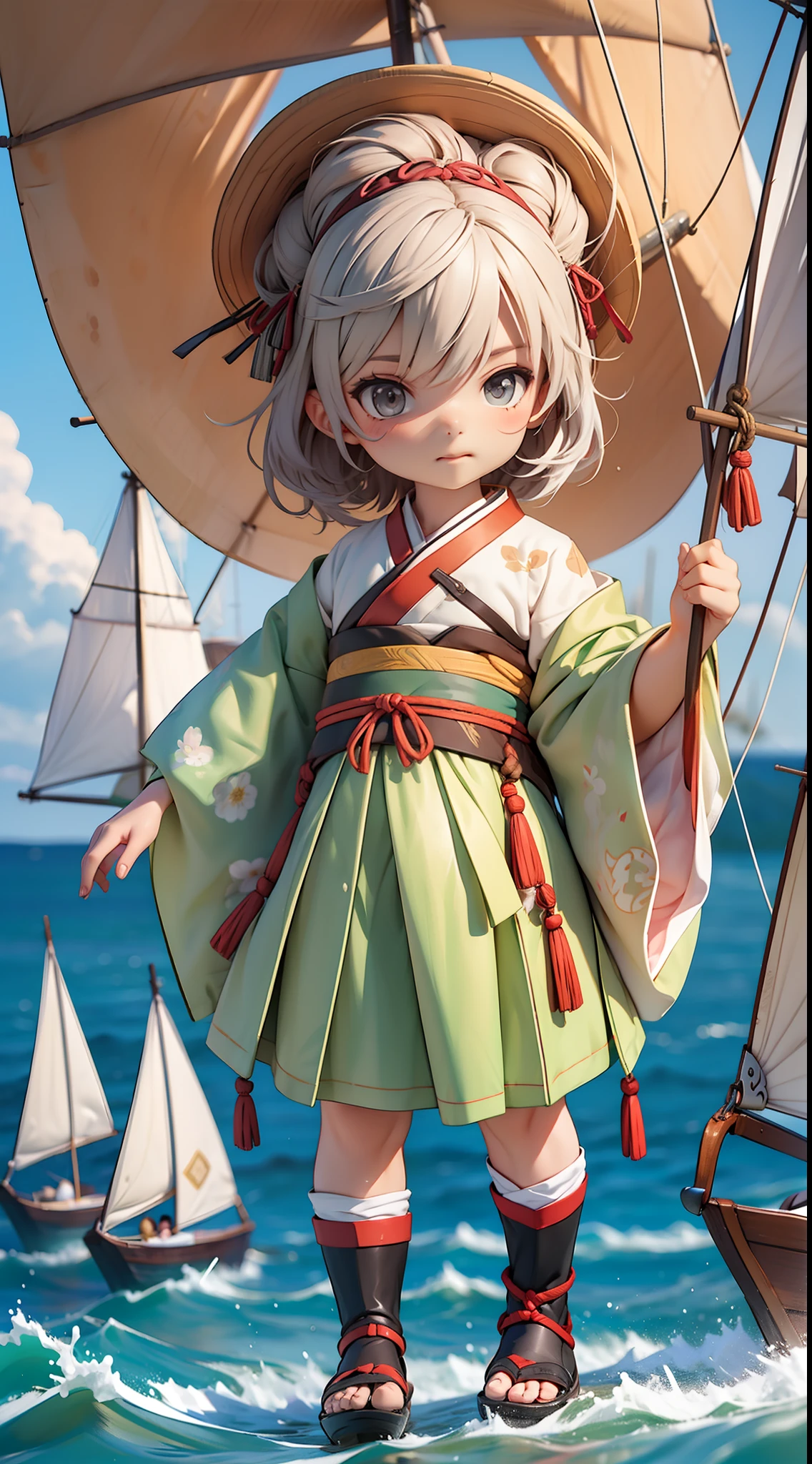 full body，chibi，younge boy，sailing ship，a sea，Hanfu，lol