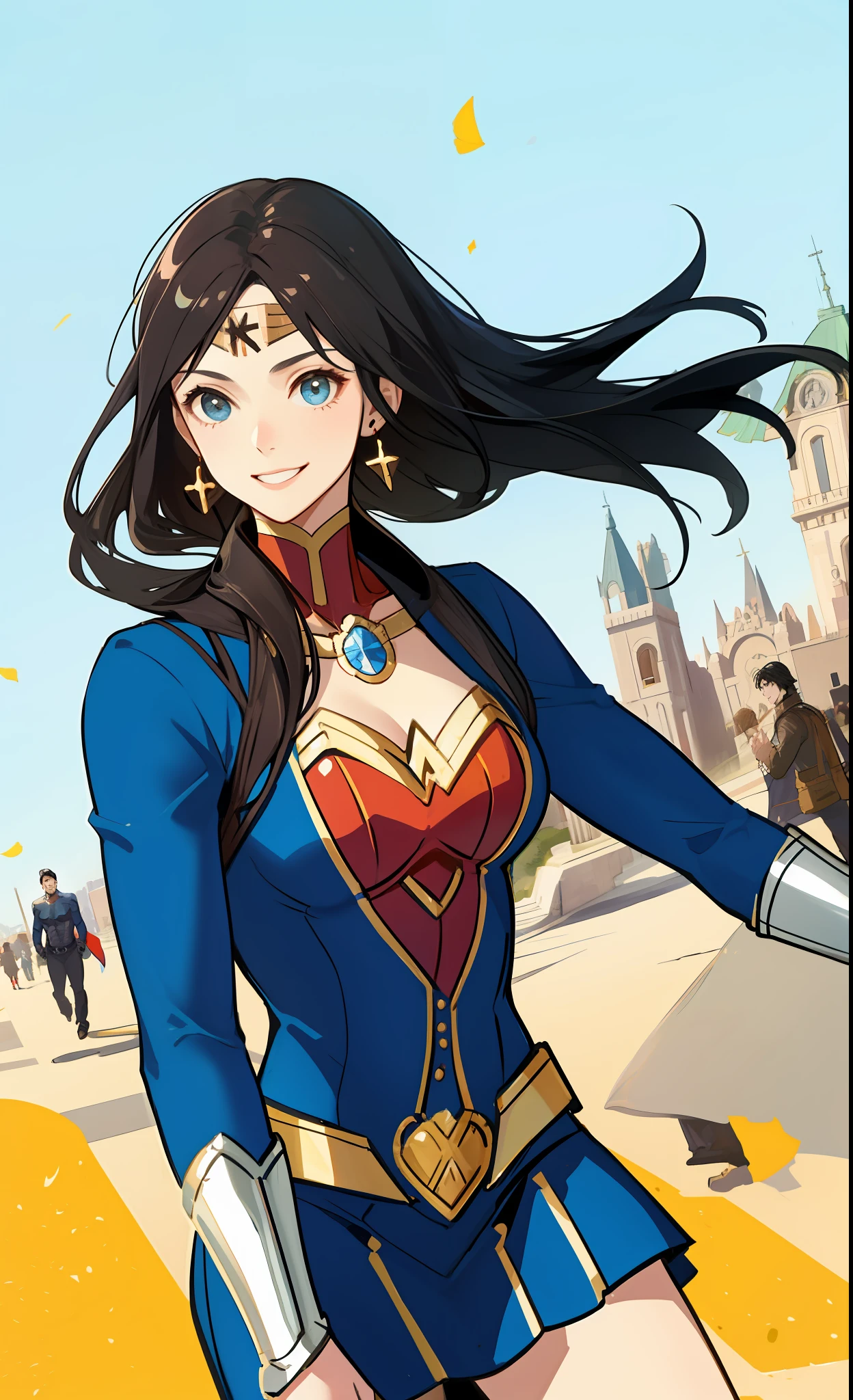 obra maestra, mejor calidad, 2otros, pareja, 1hombre con 1mujer, Superman y Wonder Woman, diferencia de altura, feliz, amor, sonrisa, calle urbana moderna, tomados de la mano