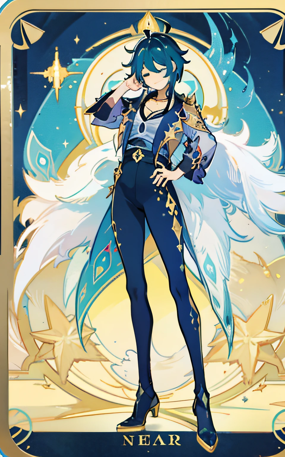 kaeya , tarot card, Peacock tailin background, hands in praying pose, standing, full-length, Genshin impact, man, solo, blue hair, eyes closed, calm face, good quality, best quality, gold background, blue background, character in the middle, black leggins, legs standing together, 1boy, tanned skin