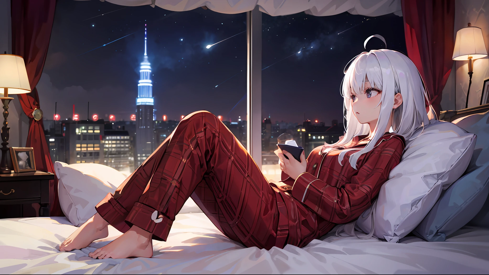 4K、Realstic、Charismatic、Extremely-Detailed、There is a girl in pajamas on the bed、She is sleepy、White theme、White hair、25age、full full body、((Night))、