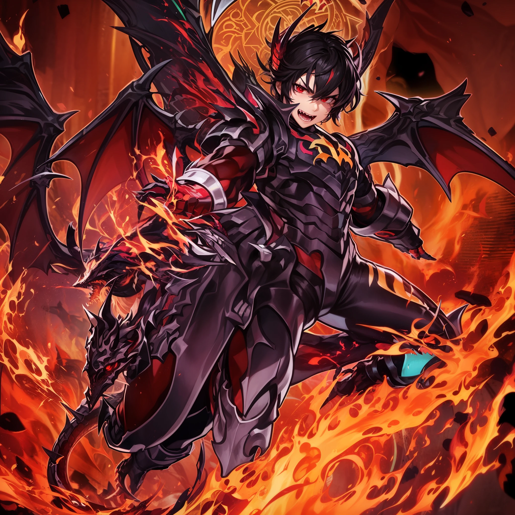 A man, short black hair, revealing his forehead, pointy eyebrows, red eyes, aggressive expression on his face, maniac expression, two dark red dragon horns on his head, shirtless, with lots of dark red tattoos, big gauntlets resembling the arms of a dragon, dark red gauntlets, detailed gauntlets, pointy edgy gauntlets, with 2 dark red dragon wings coming out of his lower back, action pose, in the middle of a fight, full body picture, flames surrounding him, flaming background, 8k, best quality