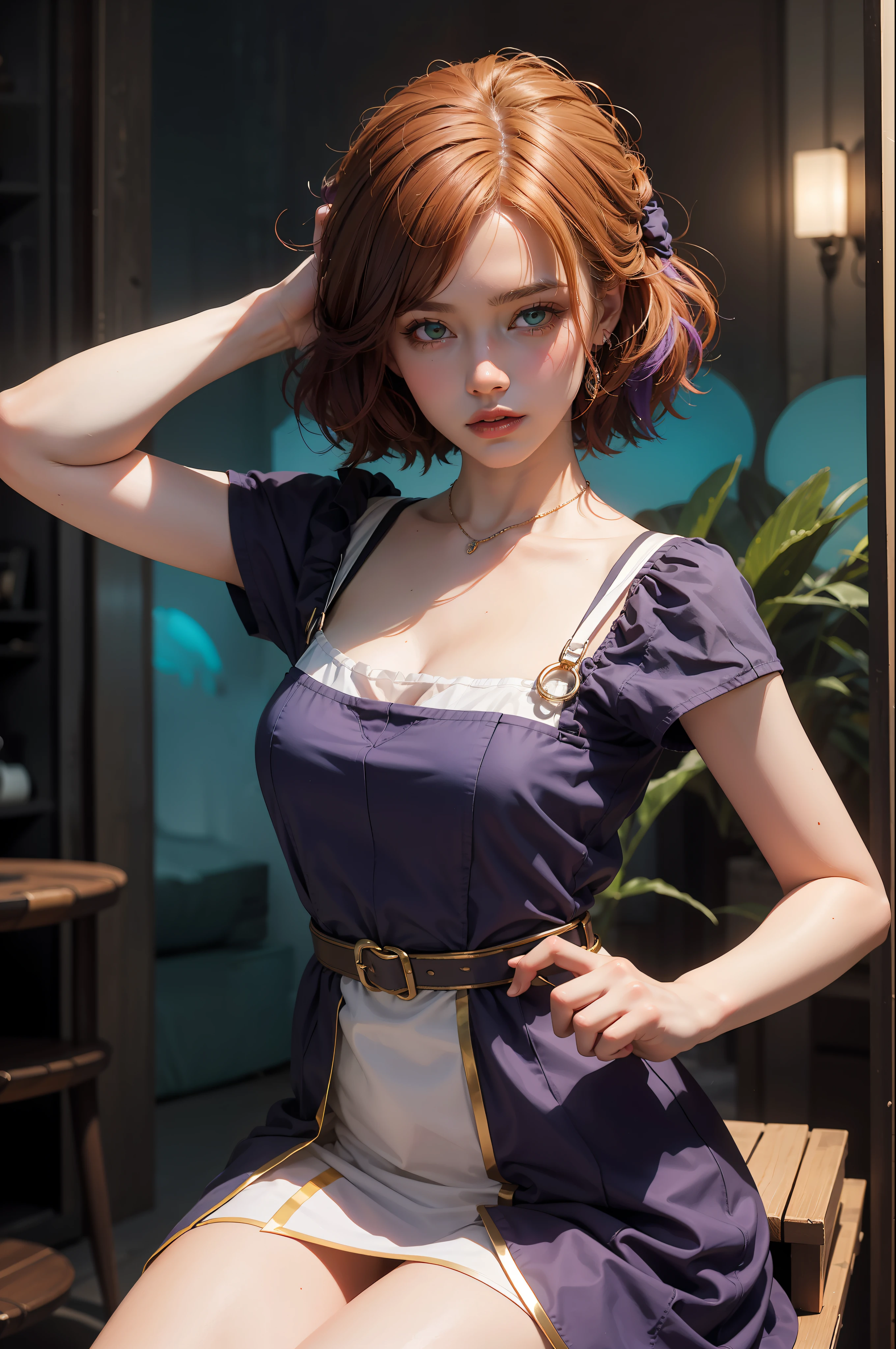 concept art, overhead angle of a Will-o'-the-wisp, wearing Funny Somali Emerald deep orange Pinafore, Caramel hair styled as Short hair, fluorescent purple Hair tie, equirectangular 360, Highres,  [(art by Willi Baumeister:1.1), (art by John T. Biggers:1.2)::17], official art, unity 8k wallpaper, ultra detailed, aesthetic, masterpiece, best quality, photorealistic