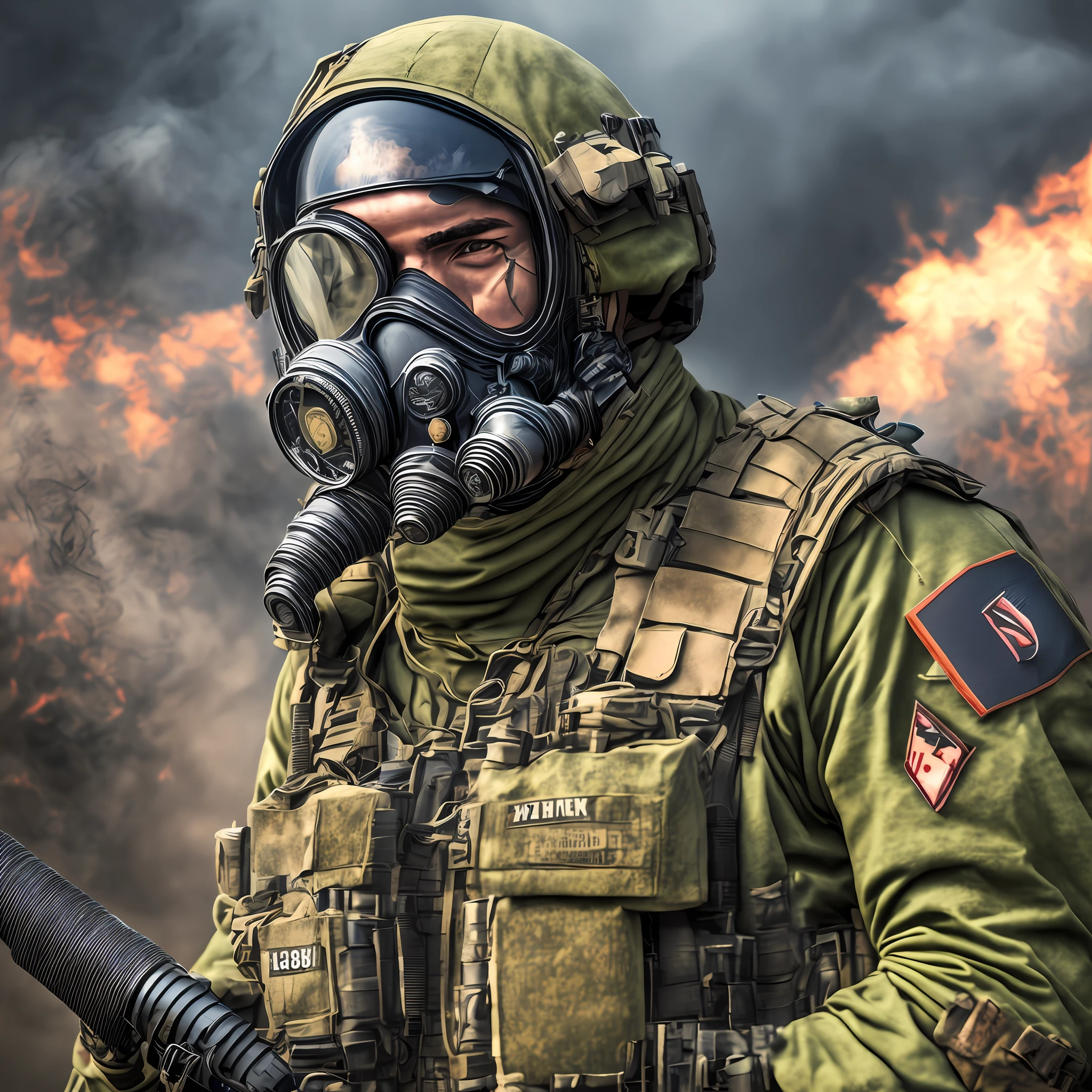 guerra em escombros, soldado homem com roupa de exercito, smoke, 8k, ultrarealista, Gas mask