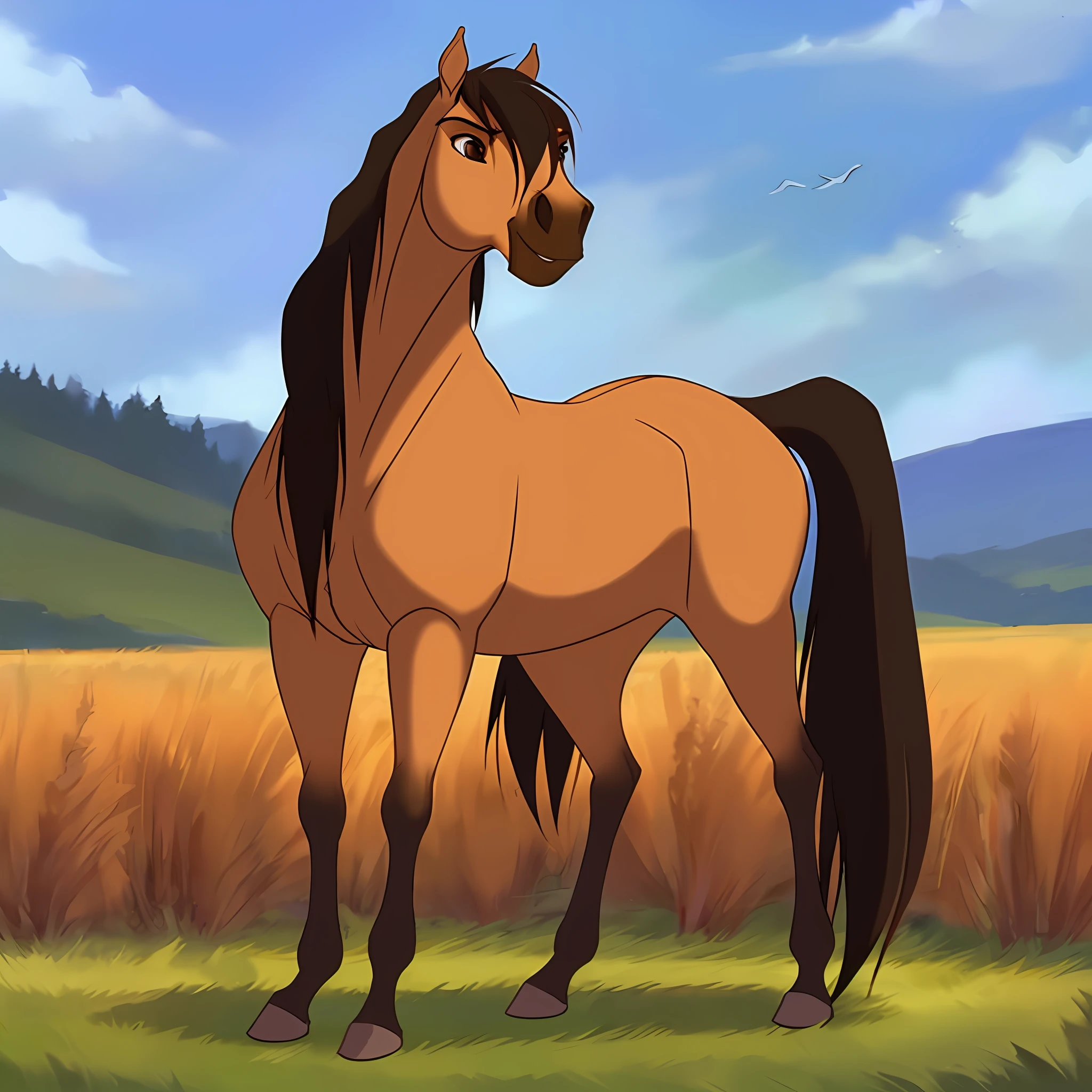 Spirit2002, Anatomically correct horse, Beautiful horse, one head, Four legs, Against the background of meadows