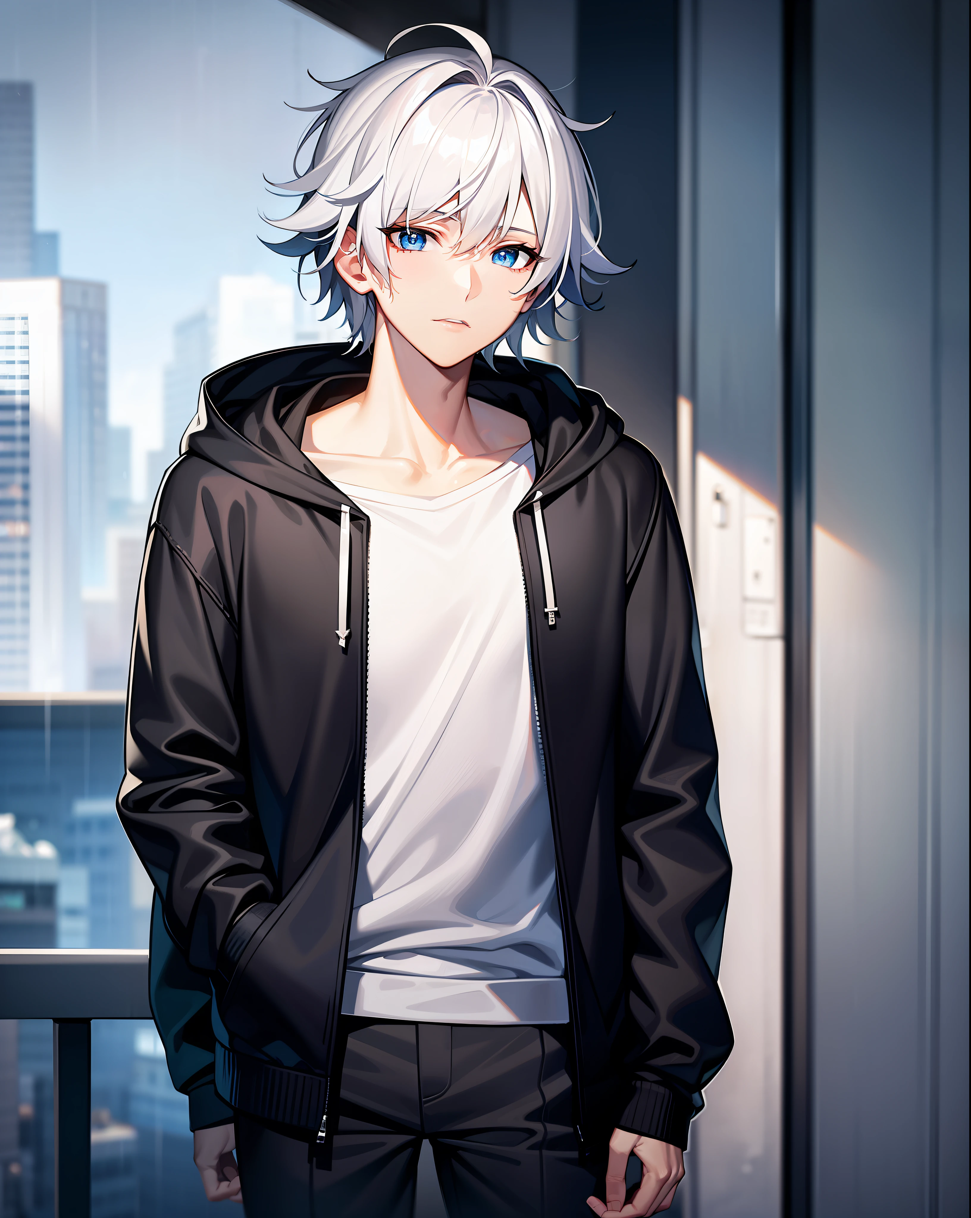 Older teenage Male with blue eyes and white hair, wearing a black hoodie, hood on his head, edgy, in the rain, on a balcony