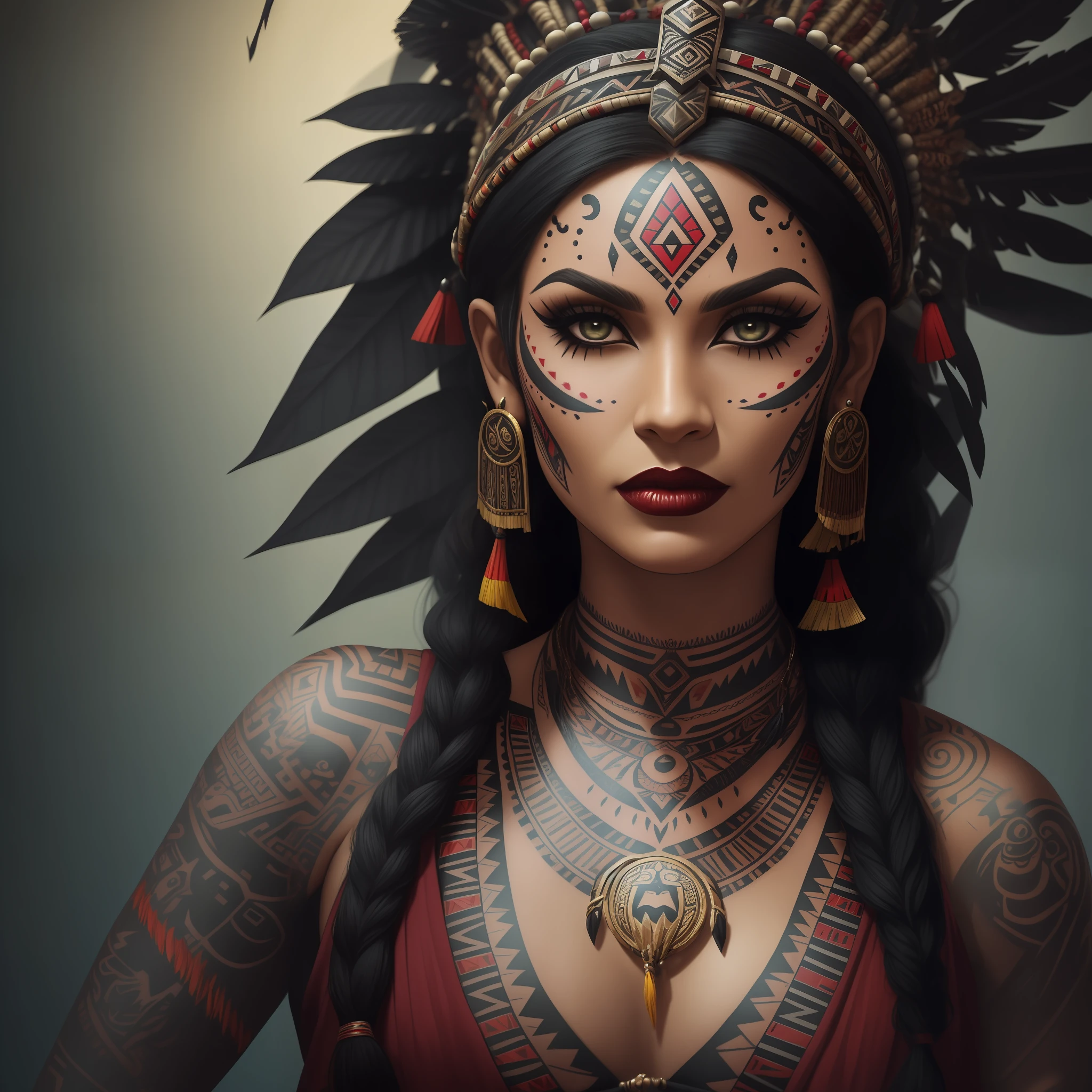 a close up of a woman with a headdress and tattoos, a character portrait inspired by Hedi Xandt, trending on cgsociety, afrofuturism, aztec princess portrait, tribal makeup, aztec warrior goddess, tribal piercing and tatoos, tribal facepaint, gothic maiden shaman, amazon warrior, tribal style, aztec queen, wholesome techno - shaman lady, warrior woman