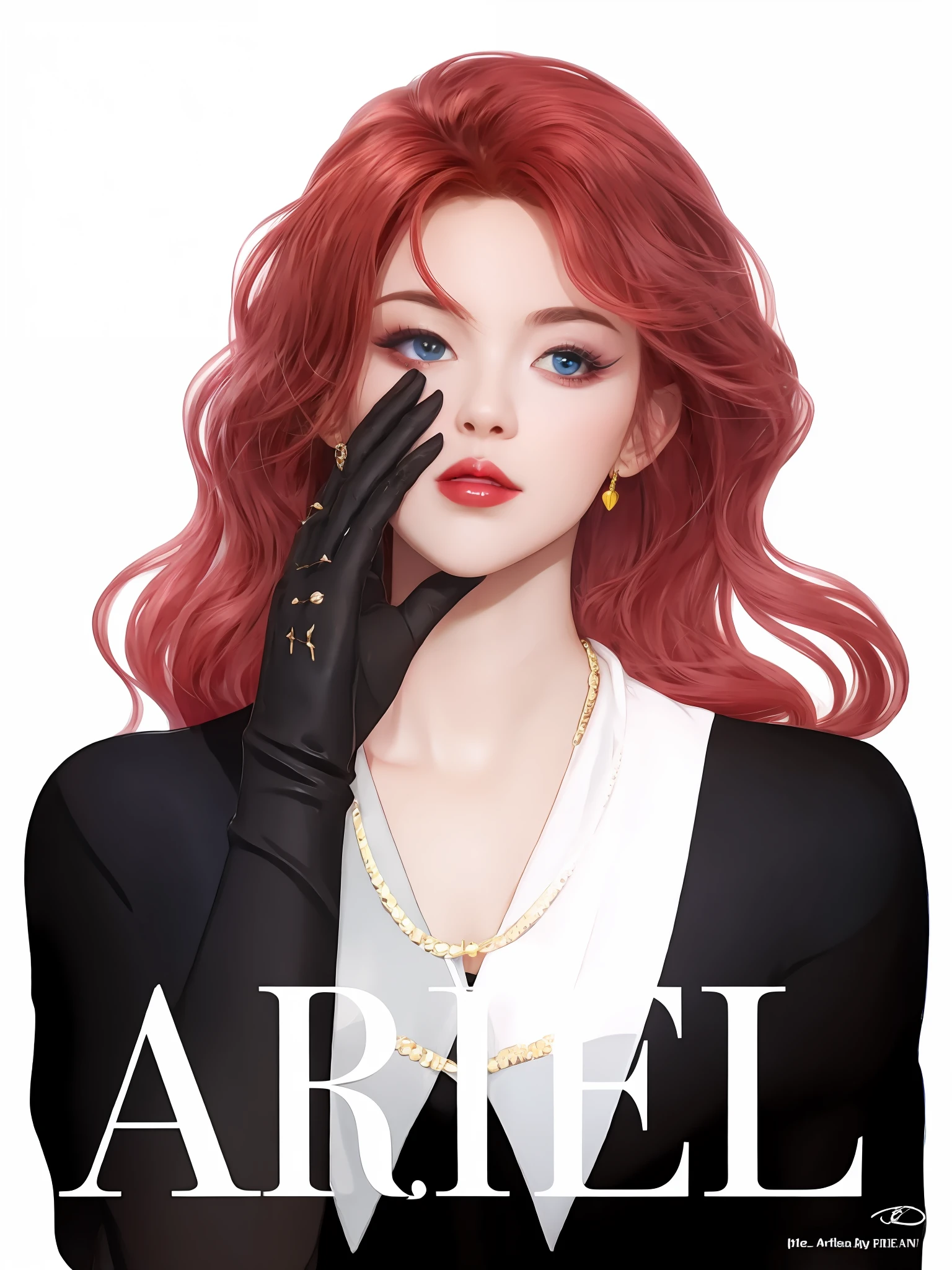 a woman with red hair and black gloves holding her hand up to her face, render de abril, capa de arte, estilo Artgerm, estilo Artgerm, estilo de Artgerm, em estilo de Artgerm, trending artgerm, No estilo de arte de Bowater, como Artgerm, Artgerm. anime illustration
