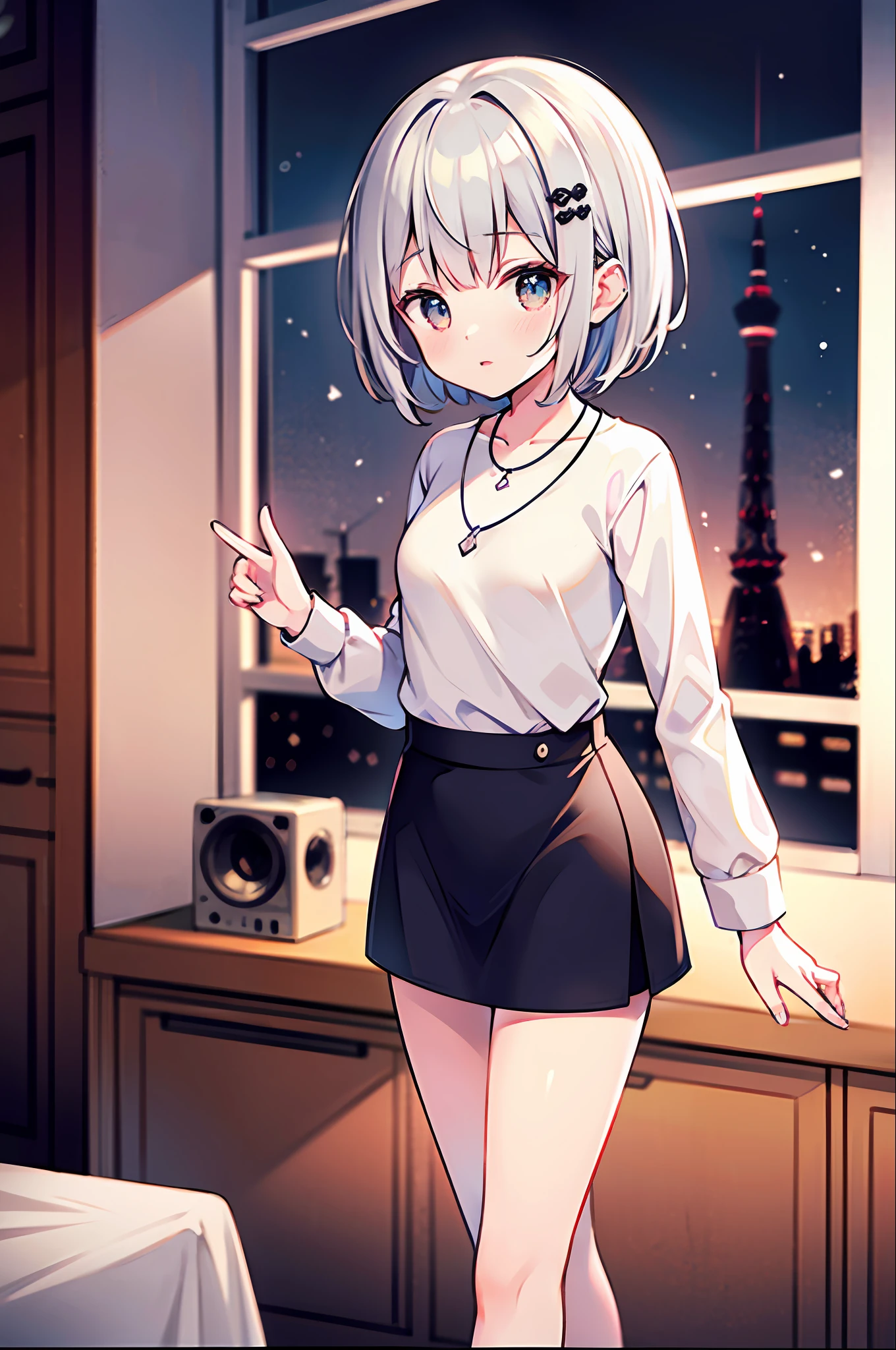 beste Quality、Ultra High Resolution、1 、Short hair、Dark hair、hairornaments、indoor、room、radio、Listening to the radio、White lace blouse、Black tight skirt、neckless、Small breasts