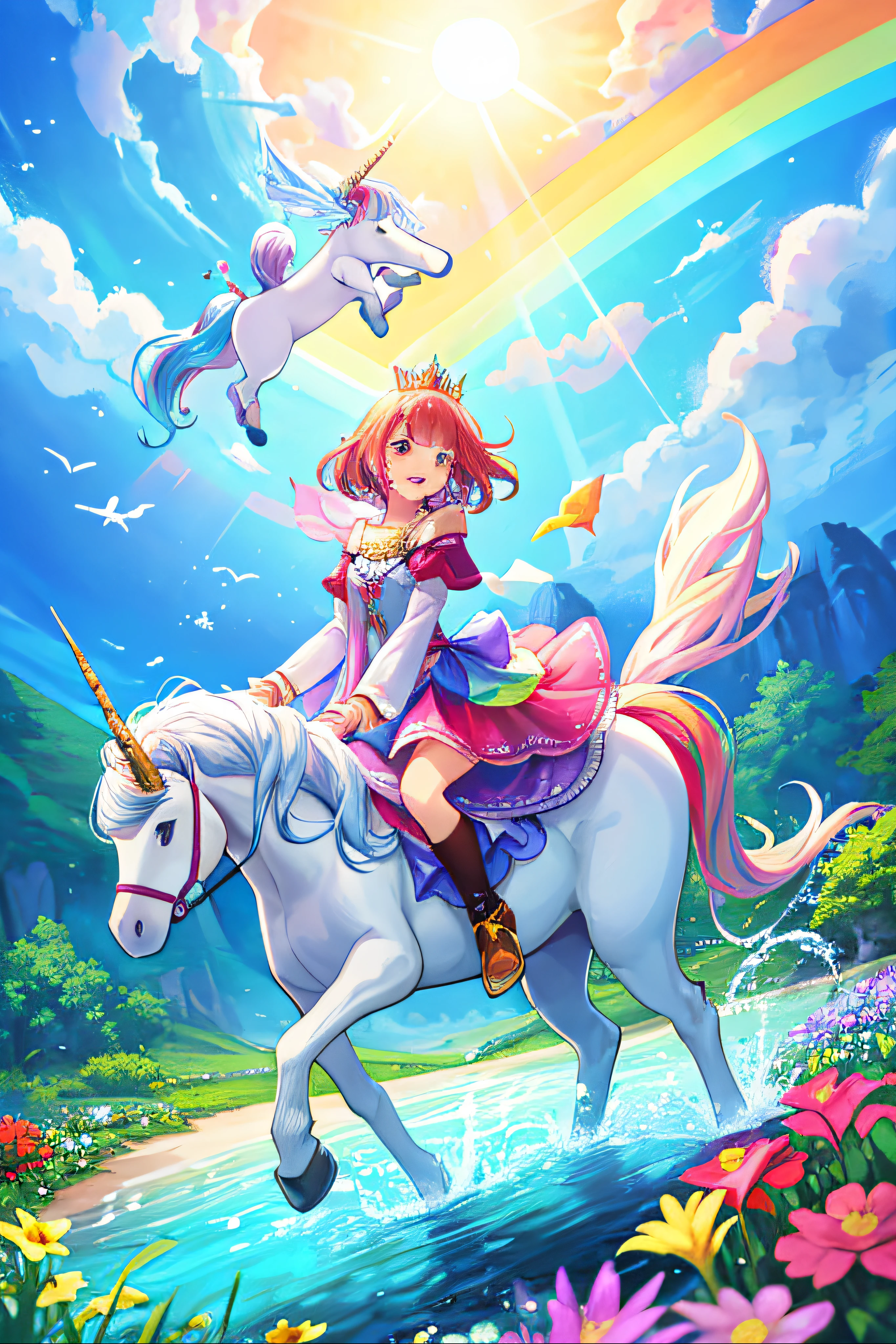 Scene of Princess Valentina meeting the Rainbow Unicorn for the first time.
A imagem pode mostrar Valentina em um jardim encantado, with the wounded unicorn by his side. They are surrounded by colorful flowers and a magical atmosphere.
Scene in which Valentina takes care of the unicorn's wound and discovers its true magical nature.
The image may show Valentina gently placing a silk band on the unicorn's bruised leg as a magical glow radiates from the wound.
Scene of Valentina and Rainbow embarking on their great adventure.
The image may depict the princess and the unicorn together, prontos para partir. They're in an open field, with Rainbow squealing excitedly and Valentina holding the unicorn's mane.
Scene of Valentina and Rainbow flying through the skies.
The image may show the princess riding the unicorn as they soar over white clouds and the bright sun. They are surrounded by a magical rainbow.
Valentina and Rainbow scene exploring a crystal clear river.
The image may depict the princess and the unicorn standing on the banks of a bright river, with clear water and colorful fish swimming around.