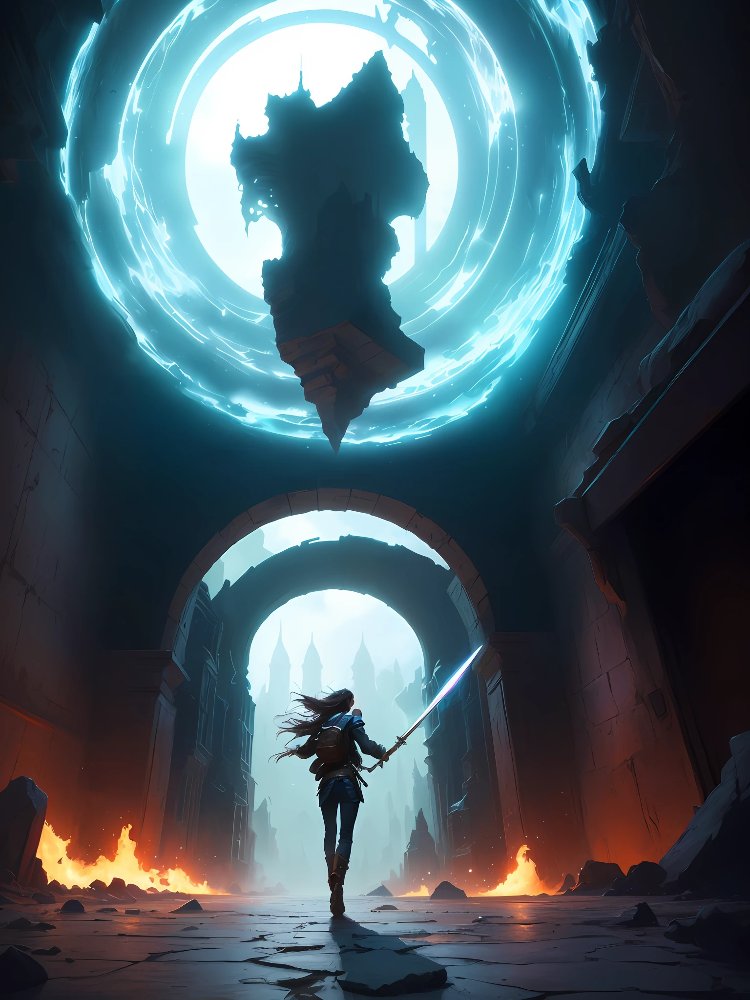 Menina anime com espada em um quarto escuro com uma luz circular, epic fantasy sci fi illustration, Style of Art Digital of Epic Fantasy, arte de fantasia urbana estilizada, an ominous fantasy illustration, Symmetrical Epic Fantasy Art, Dramatic lighting. arte conceitual, fantasy RPG book illustration, Arte de fantasia grande angular, arte de fantasia digital 2d, Jessica Rossier Arte de fantasia, Arquivo Stormlight