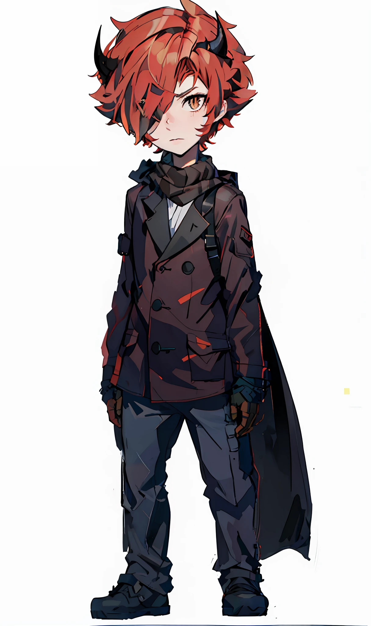 a  drawing of a boy with red hair and a scarf, full body concept, full body black and red longcoat, anime style character, single character full body, millitary clothes, brown eyes, masterpiece, high resolution, 8k, concept art, sheet reference