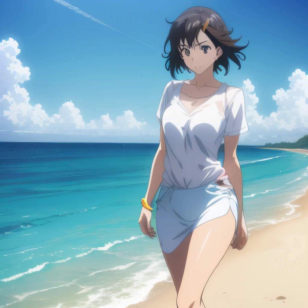 alta qualidade, Ultra Detalhado, Estilo anime, pes bem definidos, copiar a pose, Menina anime em uma saia e uma camisa branca, molhada, sem roupa interior na praia, kantai collection style, Anime girl walking on water, Estilo Makoto Shinkai, Makoto Shinkai Estilo de Arte, em estilo de makoto shinkai, Estilo Makoto Shinkai, Makoto Shinkai. High detail, Makoto Shinkai e Artgerm, anime full body illustration, cabelo realista molhado, detailed hands, cara ultra detalhada, pele ultra detalhada