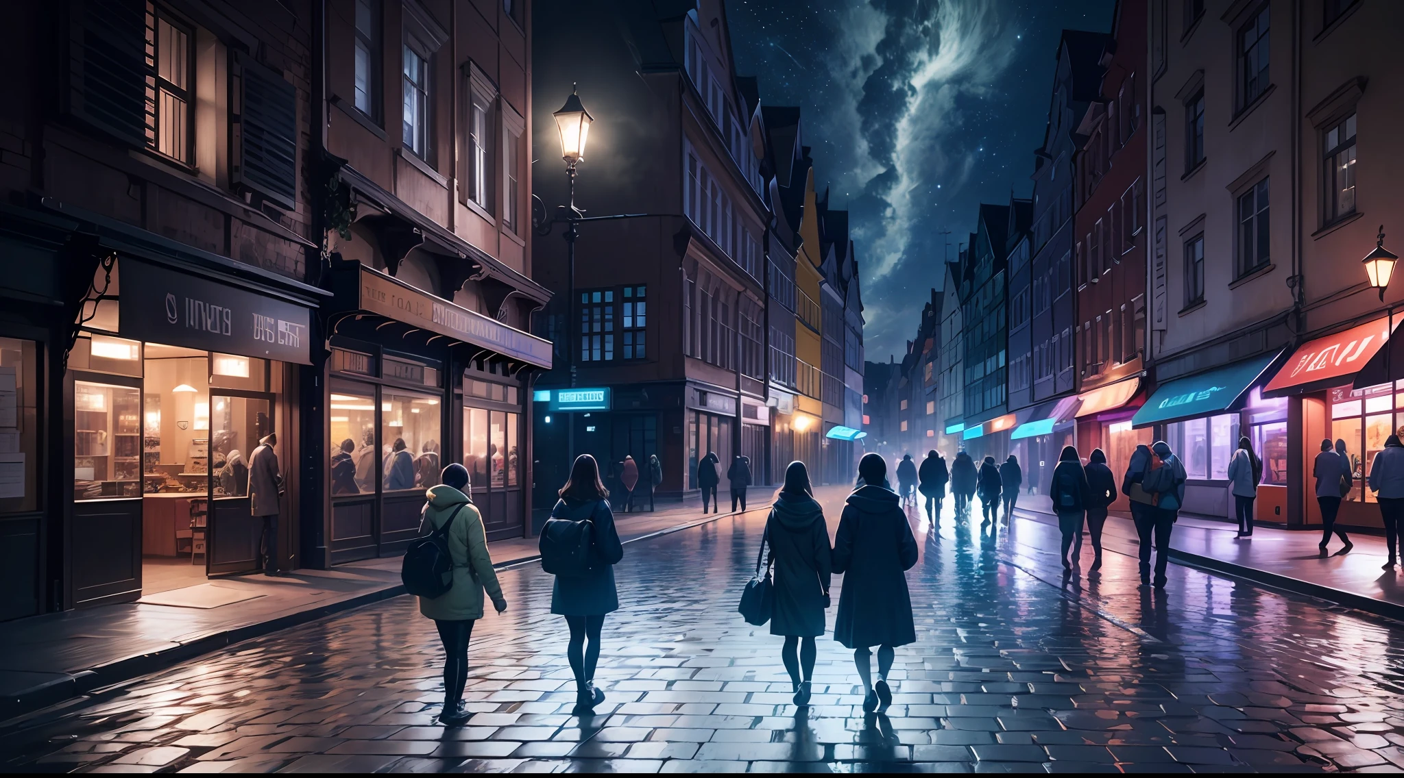 poland gdańsk old town next to skyscrapers in the year 2050, a lot of high buildings and parks around, people walking with a dog, dark lighting, summer, people wearing light clothes, soft lighting, shadows, summer, a lot of green parks, professional, perspective, pro, 35 mm, realism, highly detailed buildings, people walking in the night ultra HD result, 4k, very detailed, scattering, art, fantasy, detailed --auto --s2