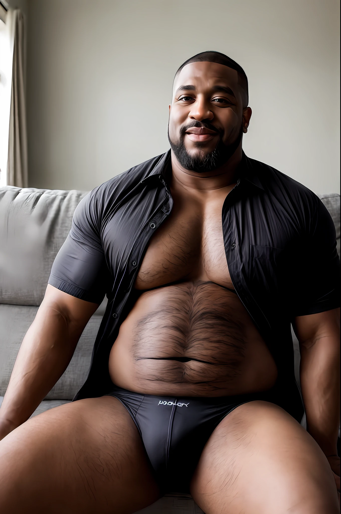 closeup portrait photo of a Daddy Bearded Hairy Bear Big Beefy Body Chubby Muscle Bear Bald Jamaican man wearing wearing sexy black open shirt with sexy Black underwear on while being sexual on the couch,48 years old, short thick chubby neck, face, 8k uhd, high quality, film grain, Farmhouse living room, Realistic Arms details, Realistic Hands details, Realistic Fingers details, realistic lips details, realistic mouth details and Realistic Body details, realistic body hair details, Realitic Men's Clothes Details ,No Merged Arms