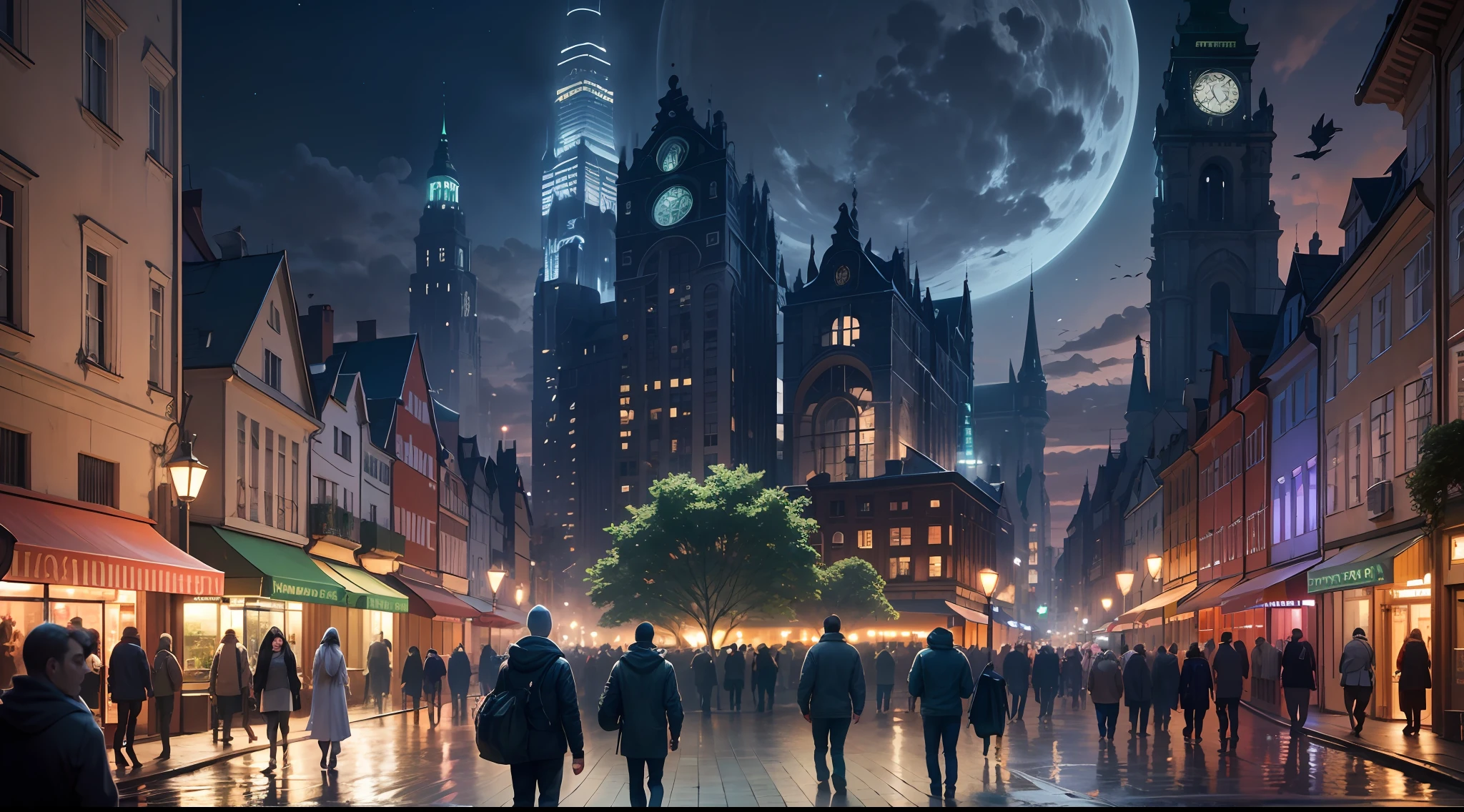 poland gdańsk old town next to skyscrapers in the year 2050, a lot of high buildings and parks around, people walking with a dog, dark lighting, summer, people wearing light clothes, soft lighting, shadows, summer, a lot of green parks, professional, perspective, pro, 35 mm, realism, highly detailed buildings, people walking in the night ultra HD result, 4k, very detailed, scattering, art, fantasy, detailed --auto --s2