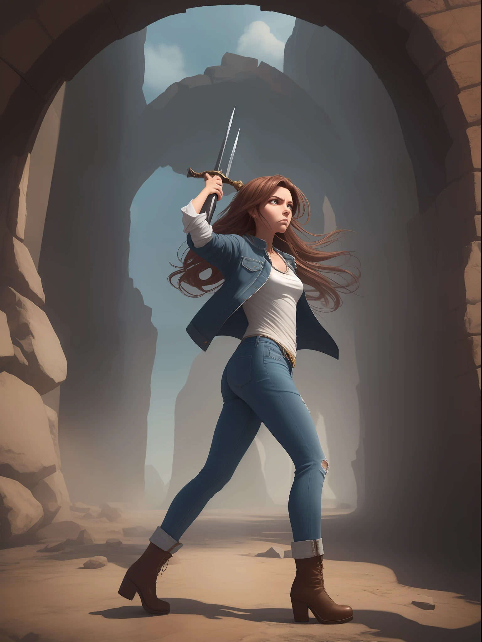 A girl running towards a magical portal that reflects a dark and destroyed world, She has a sword in one hand and the other hand stretched out towards the portal, ela tem cabelo preto e olhos azuis, is wearing normal modern clothes (jean pants, jaqueta de couro e botas, She's sad and angry and afraid that she won't be able to reach the portal in time, 8k, fantasia, elegante, intrincado, Strech, Paiting, 3d