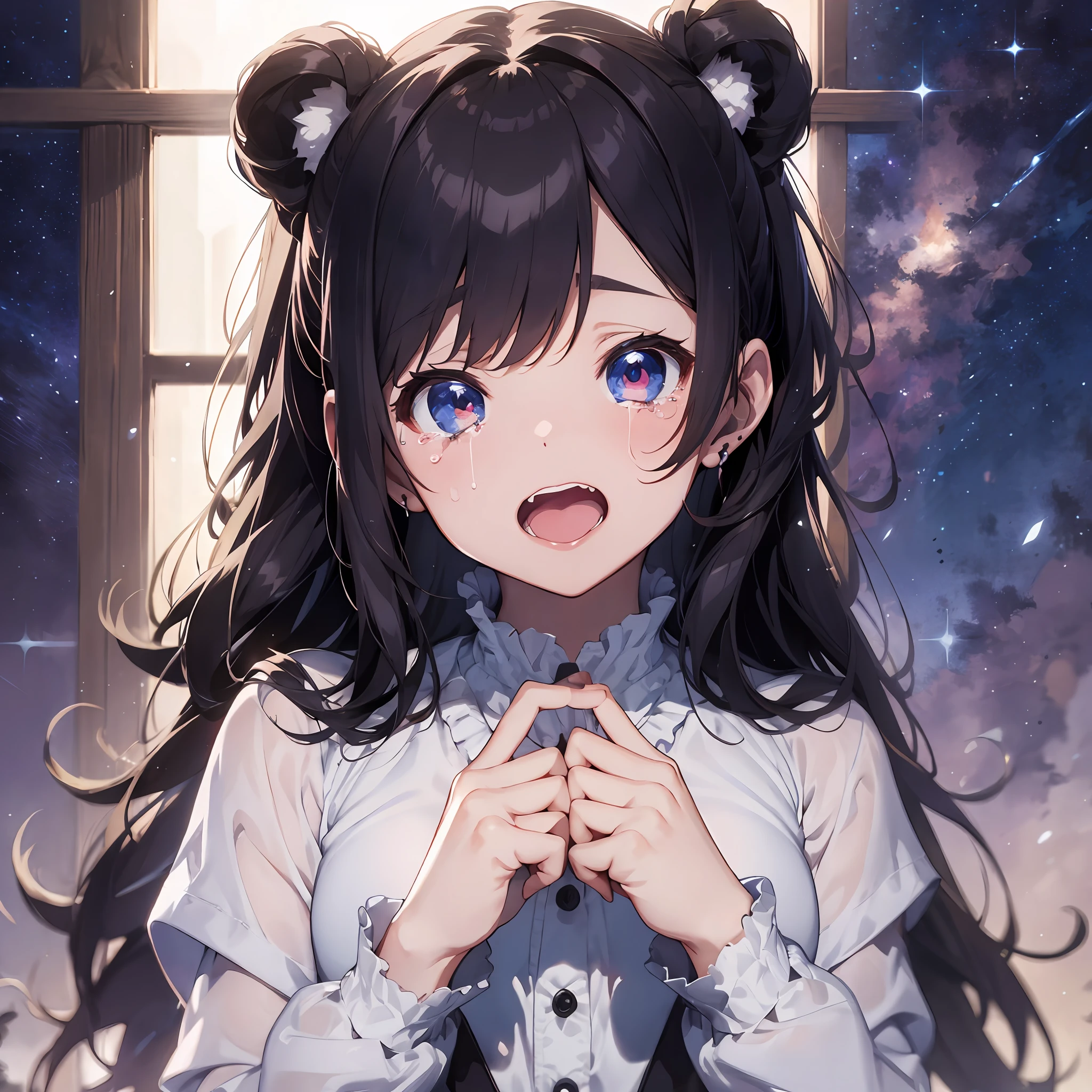 Wiping tears with your hands、screeming、Crying a lot、Abundant tears、drooling、thick eyebrows、(darkskin:1.3)、Movie lighting、small tits、Bear ears、(masterece-piece)、((beste Quality))、(超detailded)、shinny skin、Full Body Anime Girl、detailed anime face、Five fingers、textile shading、The perfect human structure、flawless anatomy、