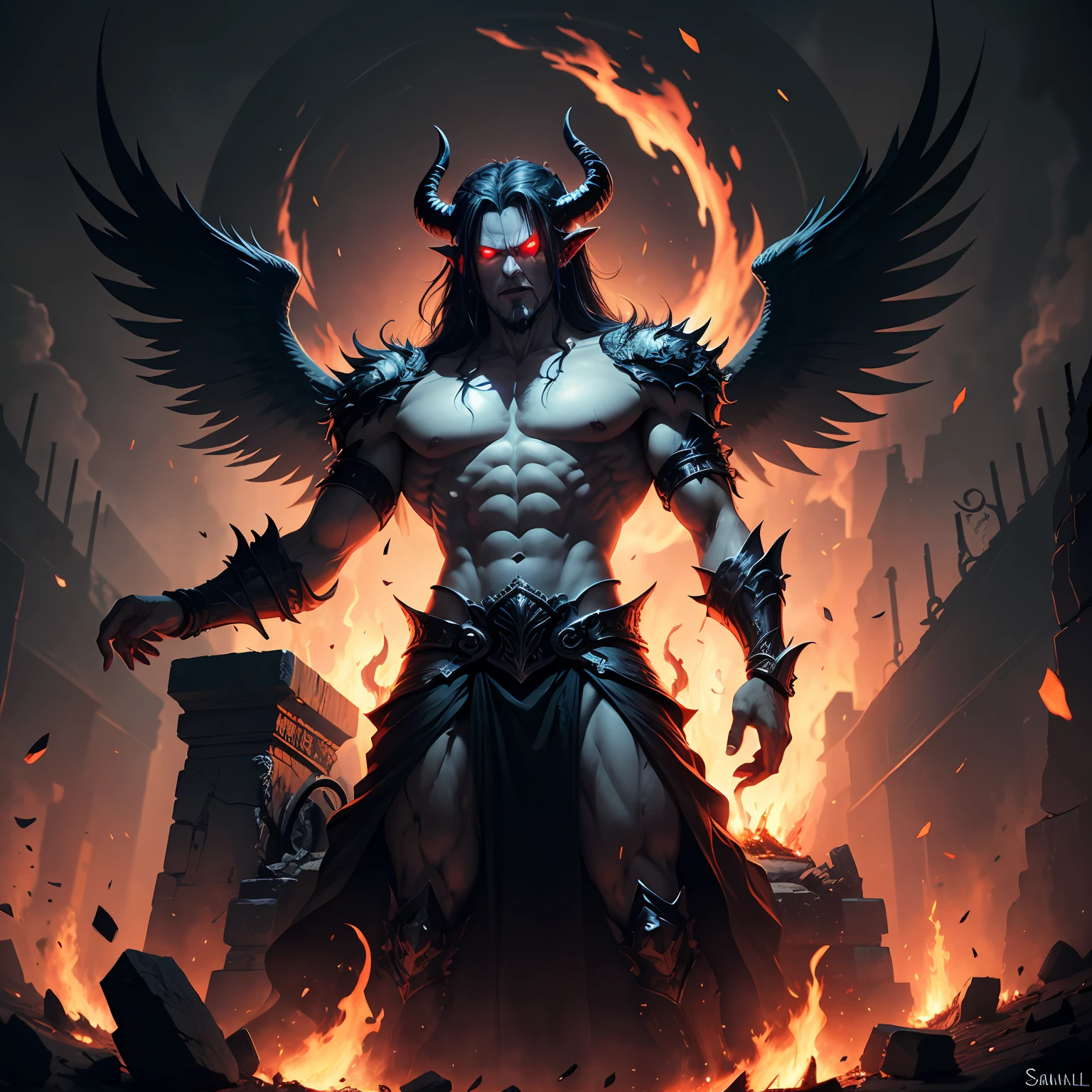 Fallen angel, Samael, black wings, with red lights, tall, strong, red eyes, more human demon face, evil face, horns, environment behind the image, hell, a throne, fire, darkness and hordes of demons around him . --auto