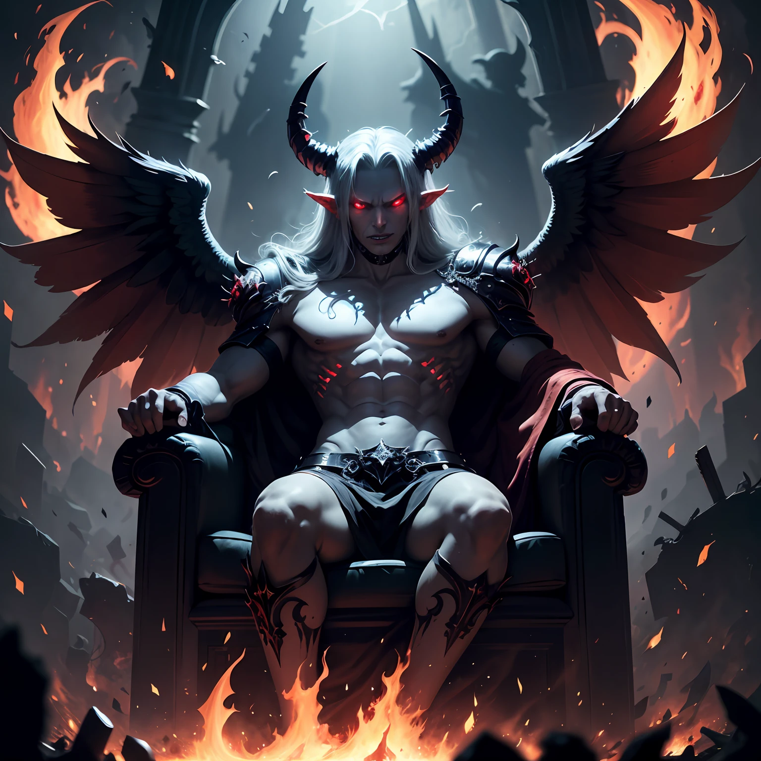 Fallen angel, Samael, black wings, with red lights, tall, strong, red eyes, more human demon face, evil face, horns, environment behind the image, hell, a throne, fire, darkness and hordes of demons around him . --auto