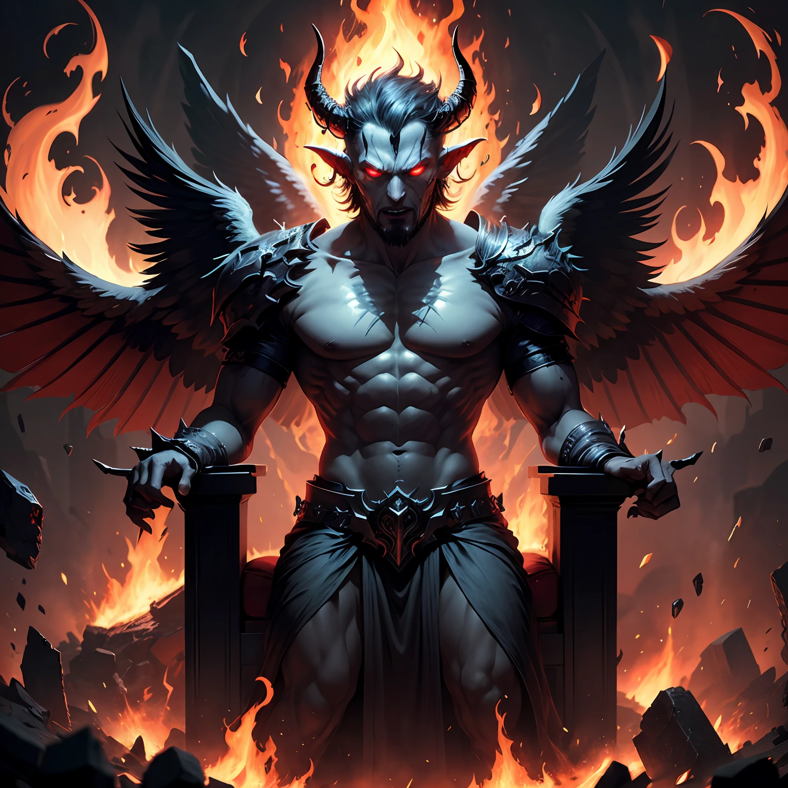 Fallen angel, Samael, black wings, with red lights, tall, strong, red eyes, more human demon face, evil face, horns, environment behind the image, hell, a throne, fire, darkness and hordes of demons around him . --auto