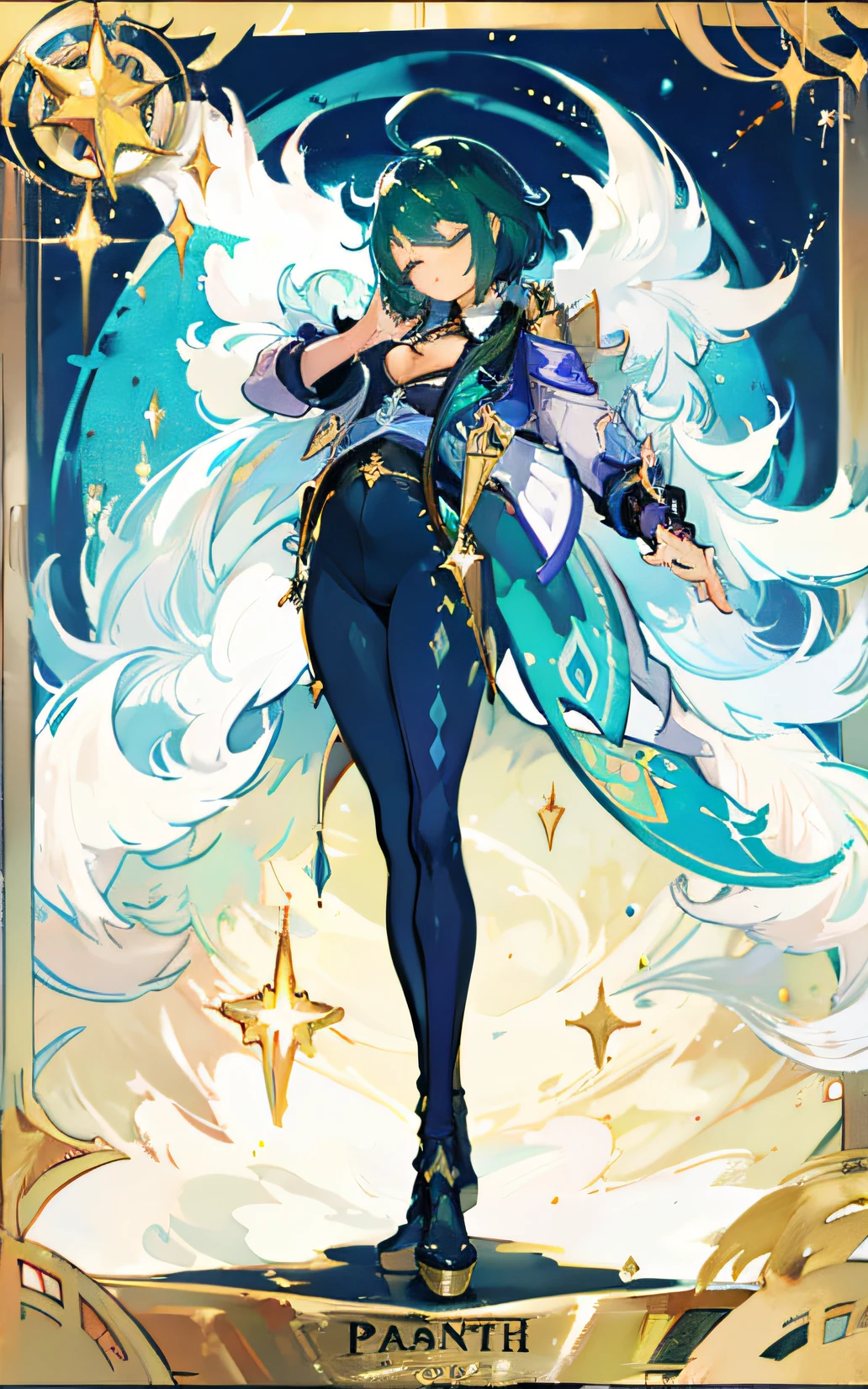 kaeya , tarot card, Peacock tailin background, hands in praying pose, standing up, Full-length, Genshin Impact, um homem, 独奏, blue hair, eyes closed, calm face, Good quality, Best Quality, gold background, blue background, character in the middle, black leggins, legs standing together, 1boy, tanned skin