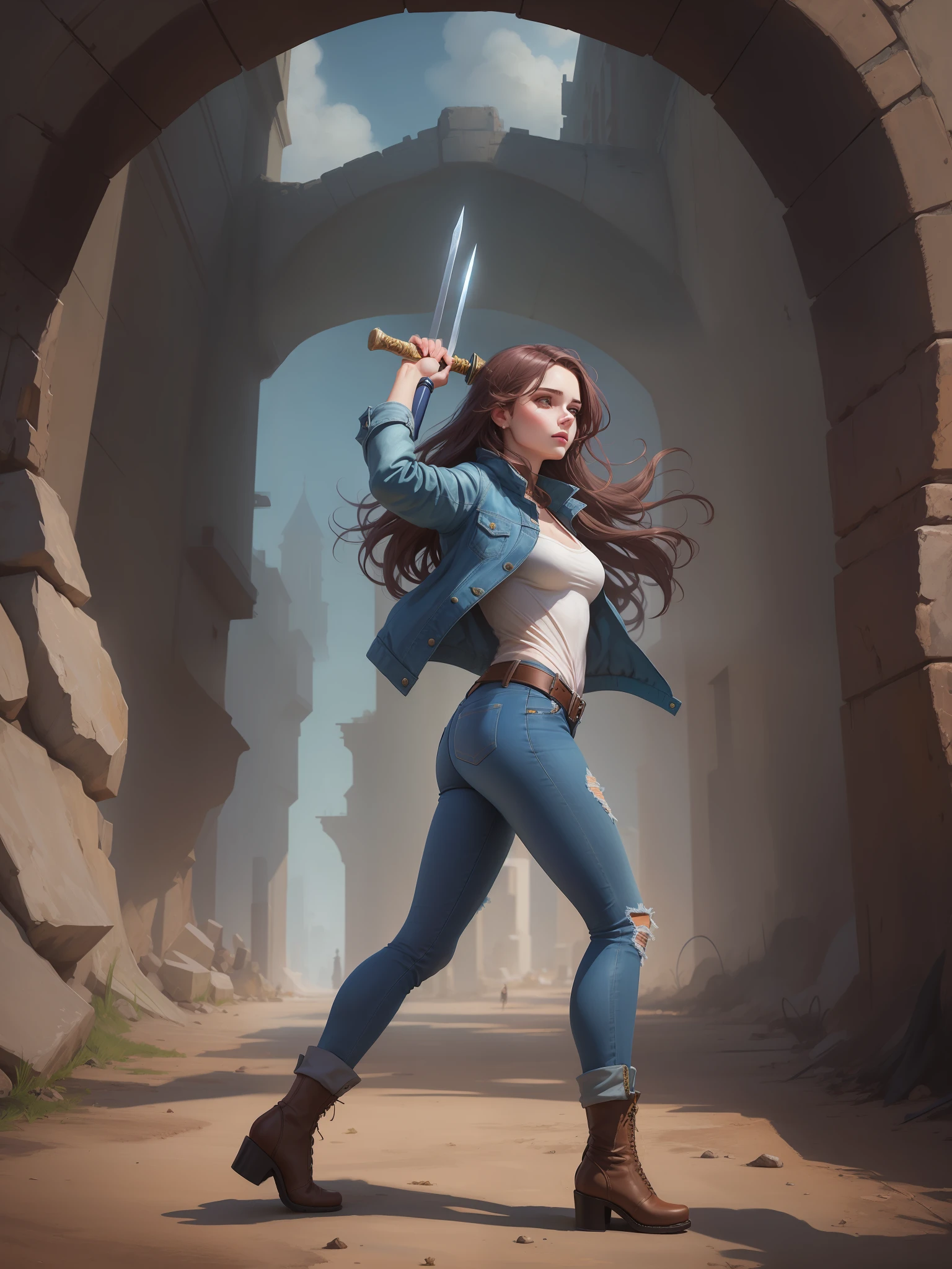 arafed woman in jeans and jacket holding a sword in a tunnel, she is holding a sword, arte de fantasia urbana estilizada, capa de romance de fantasia para jovens adultos, segurando uma espada em seu ombro, estilo de arte charlie bowater, arte do personagem charlie bowater, Neoartcore e Charlie Bowater, Estilo de Charlie Bowater, long sword in her hand
