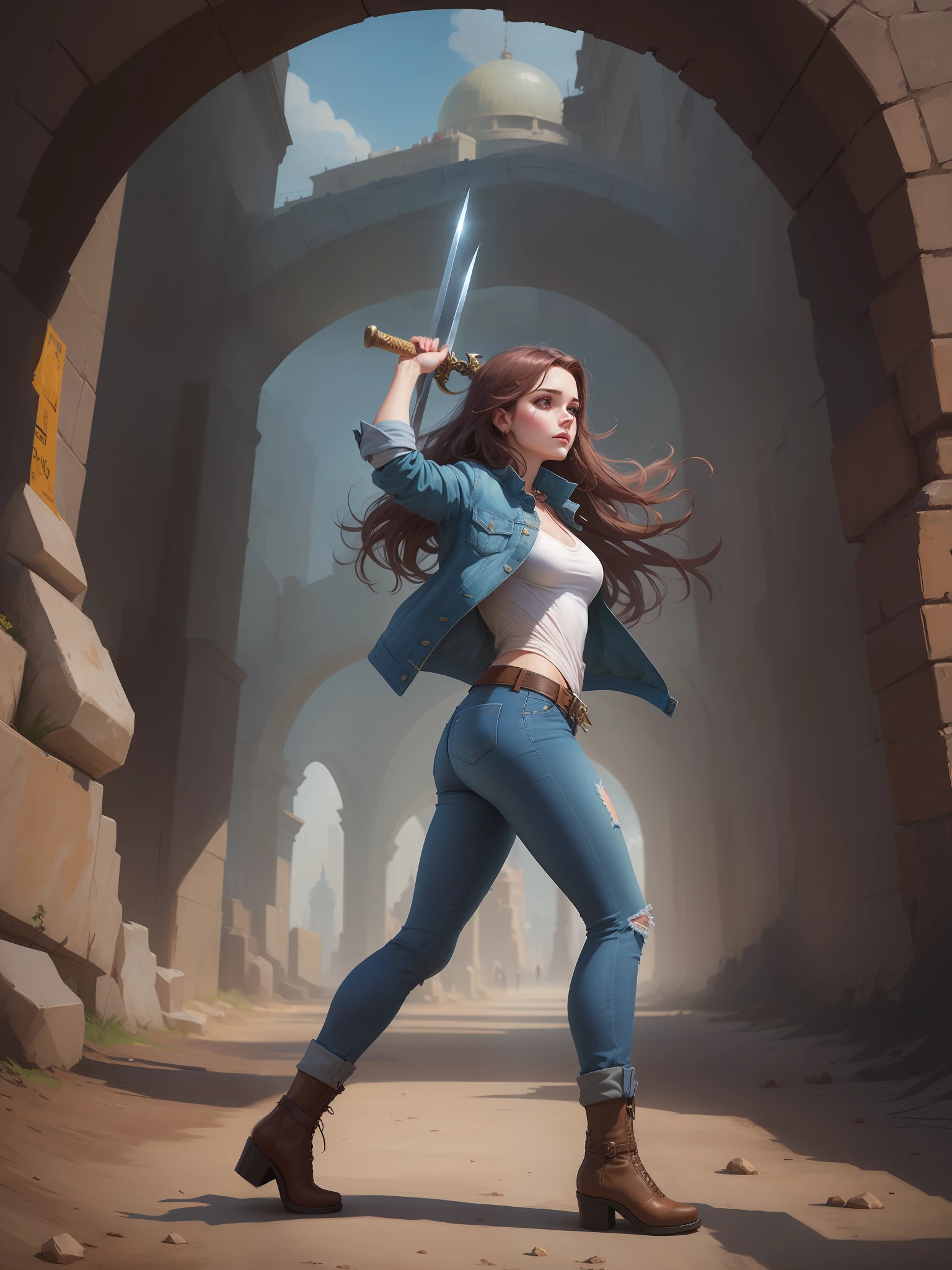 arafed woman in jeans and jacket holding a sword in a tunnel, she is holding a sword, arte de fantasia urbana estilizada, capa de romance de fantasia para jovens adultos, segurando uma espada em seu ombro, estilo de arte charlie bowater, arte do personagem charlie bowater, Neoartcore e Charlie Bowater, Estilo de Charlie Bowater, long sword in her hand