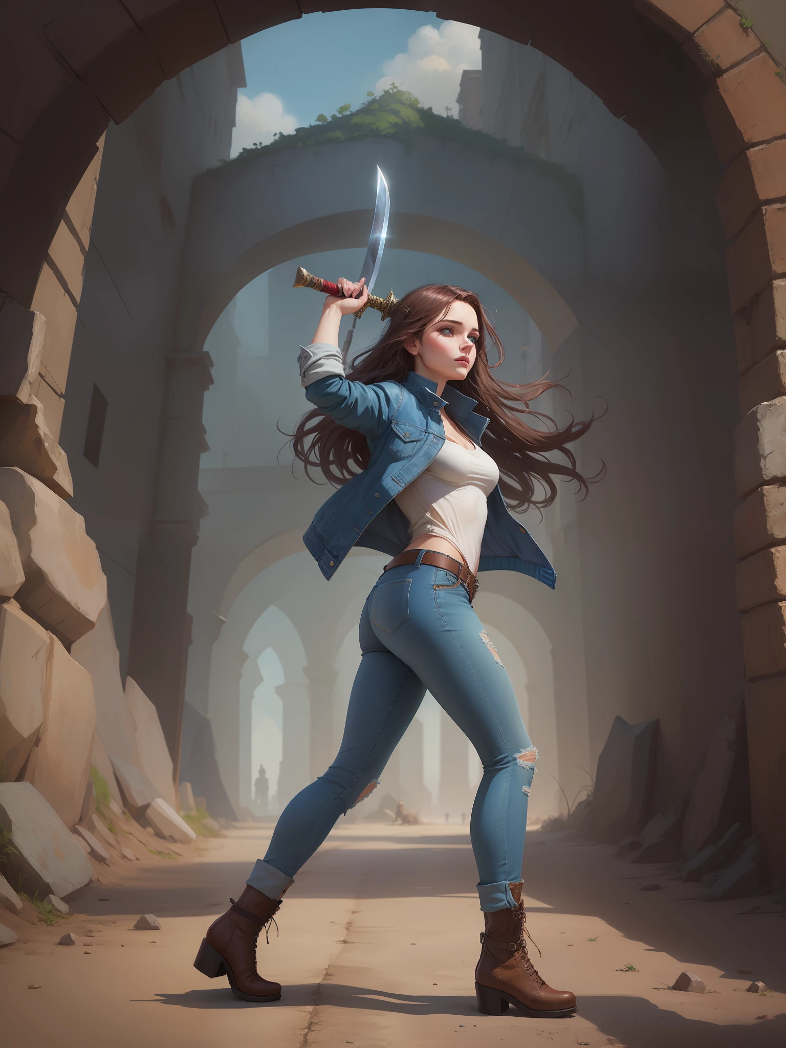 arafed woman in jeans and jacket holding a sword in a tunnel, she is holding a sword, arte de fantasia urbana estilizada, capa de romance de fantasia para jovens adultos, segurando uma espada em seu ombro, estilo de arte charlie bowater, arte do personagem charlie bowater, Neoartcore e Charlie Bowater, Estilo de Charlie Bowater, long sword in her hand