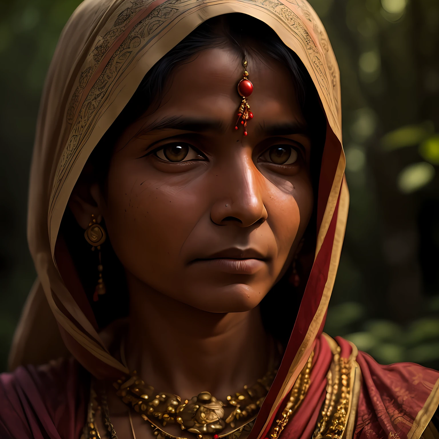 portrait of an indian village woman in forest in Himachal pradesh, clear facial features, Cinematic, 35mm lens, f/1.8, accent lighting, global illumination –uplight –v 4 --auto