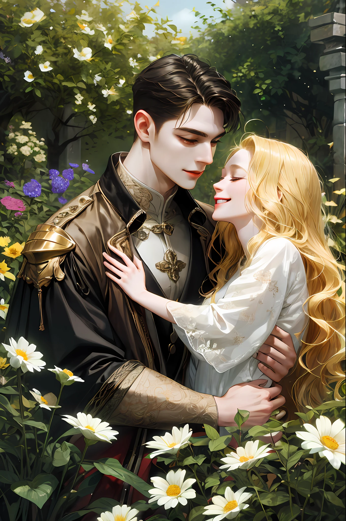 (absurdres, highres, ultra detailed), 2others, couple, 1man with 1woman, mature, Height difference, different hair color, happy, love, hug, upper body, long hair, black hair and blonde hair, fantasy, flower, garden