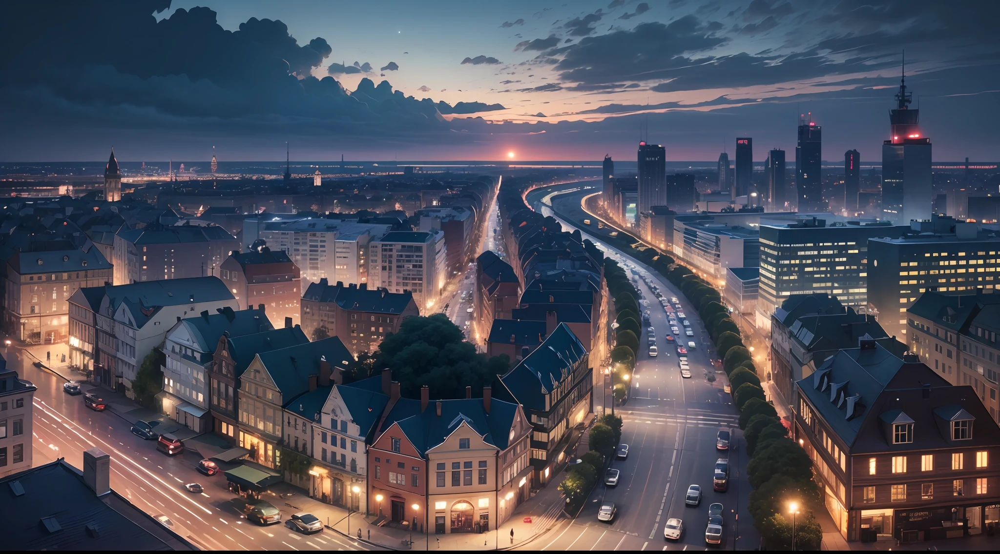 poland gdańsk old town next to skyscrapers in the year 2050, a lot of high buildings and parks around, people walking with a dog, day lighting, summer, people wearing light clothes, soft lighting, shadows, summer, a lot of green parks, cars very advanced, professional, perspective, pro, 35 mm, realism, highly detailed buildings, people walking in the night ultra HD result, 4k, very detailed, scattering, art, fantasy, detailed, drones, sunny day --auto --s2
